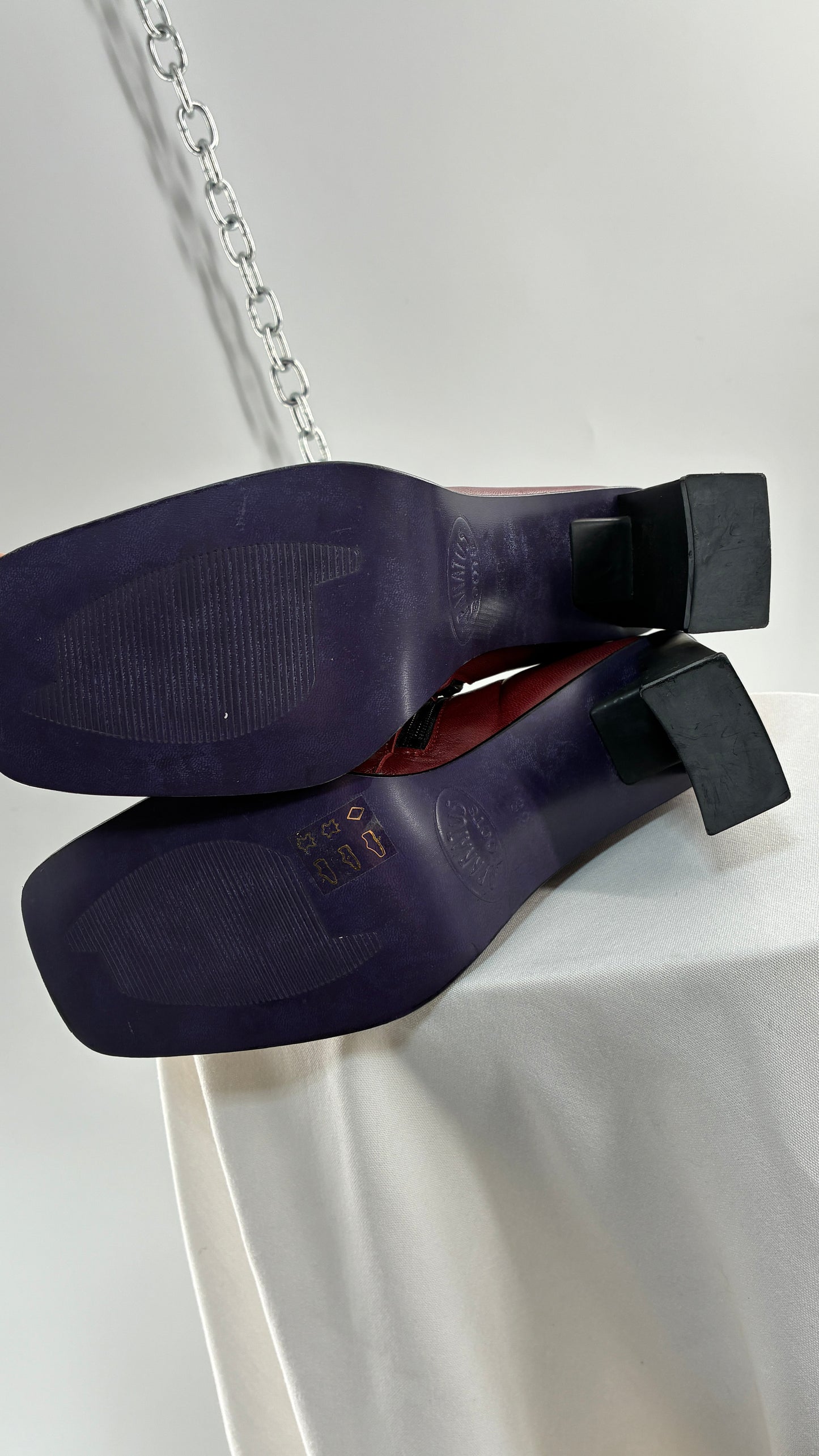 Vintage APARATUS BOOTS Red Genuine Leather Square Toe, Square Heel Boots with Purple Sole (38)