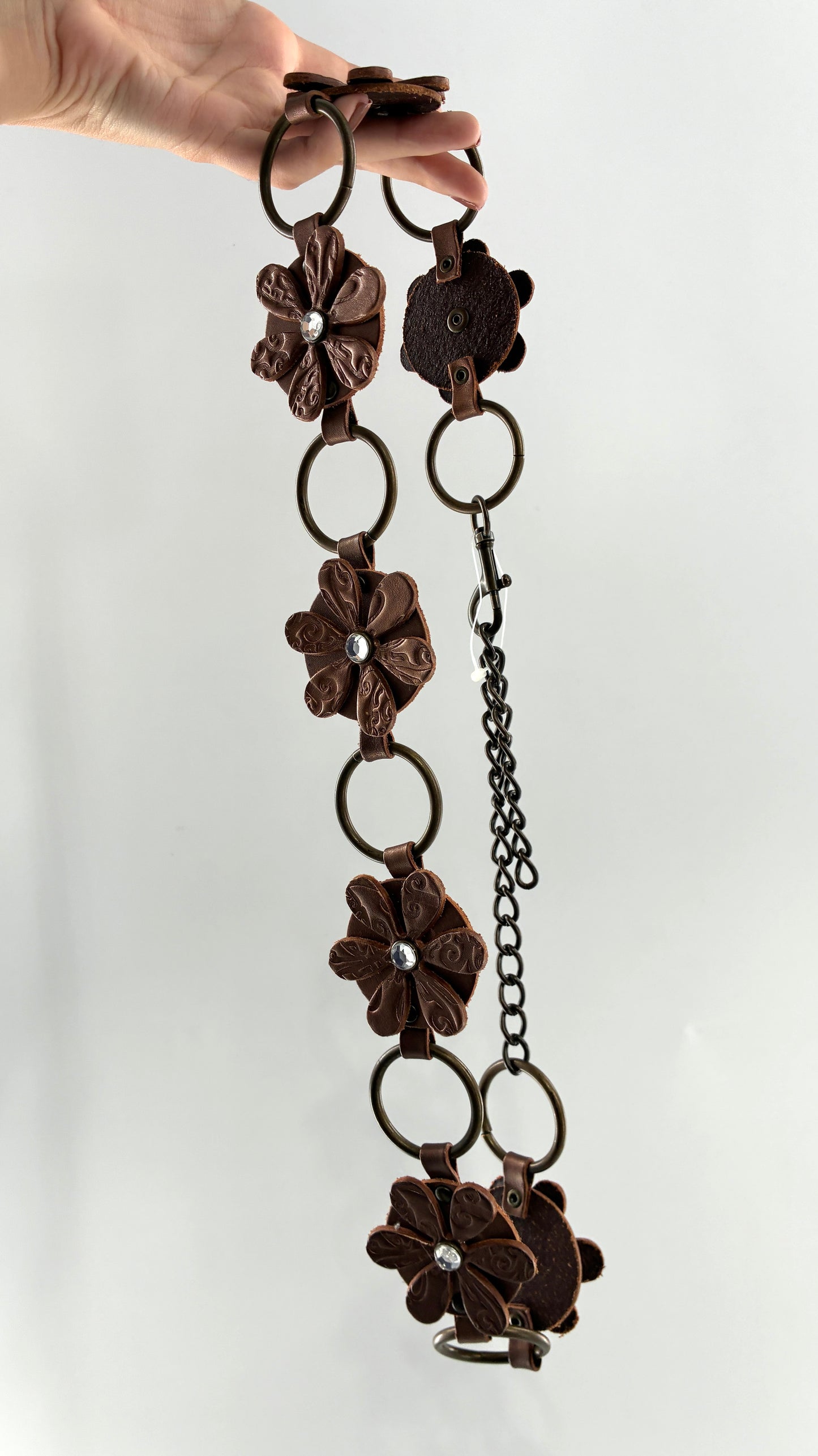 Vintage RELIC Brown Bronze Leather Flower Chain Belt with Rhinestones (M/L)