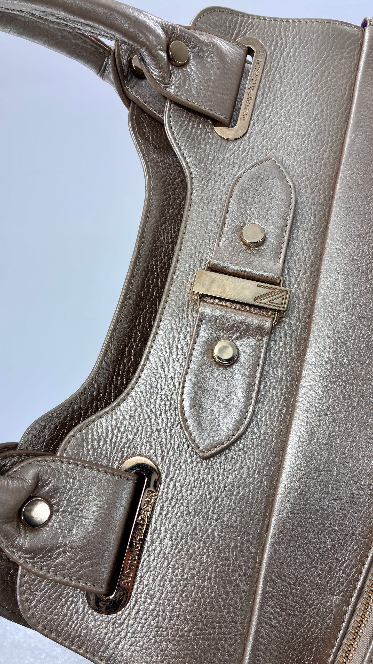 Vintage NOTTINGHILL DESIGNS Westbourne Metallic Champagne Genuine Leather Pocketed Bag with Exaggerated Hardware As Seen on Gossip Girl