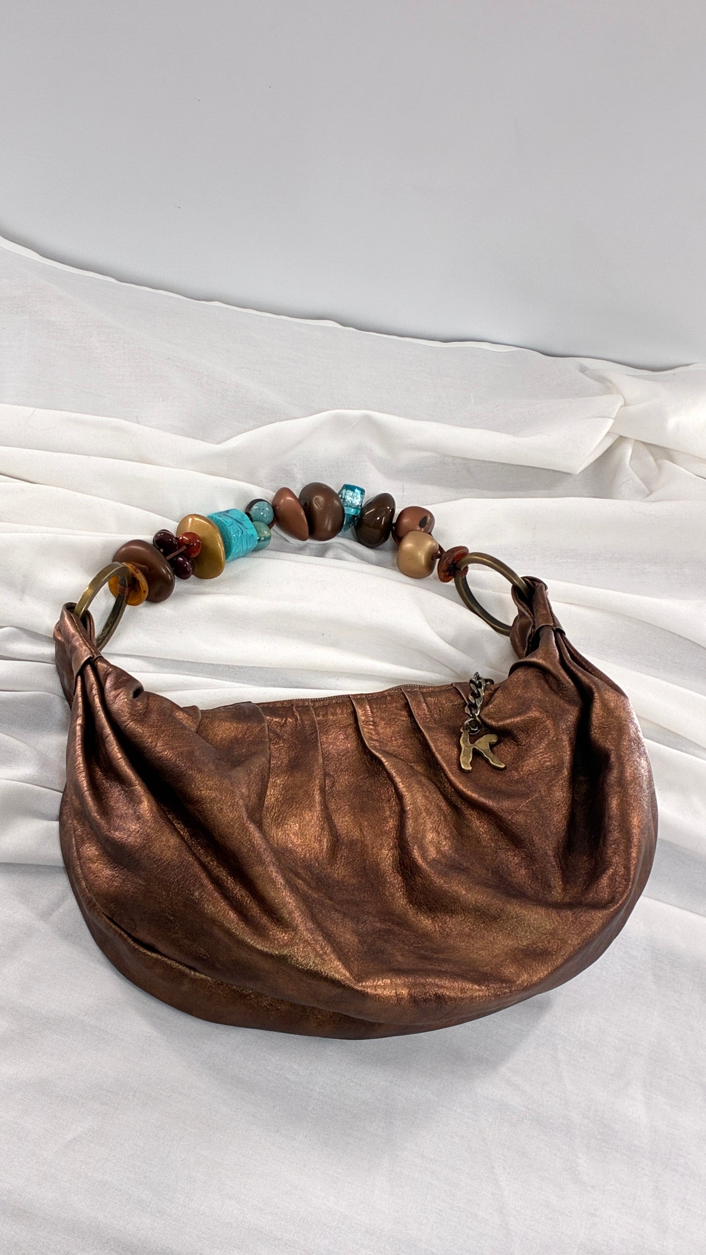 Vintage KARKABA  Metallic Bronze Leather Bag with Exaggerated Beaded Handles