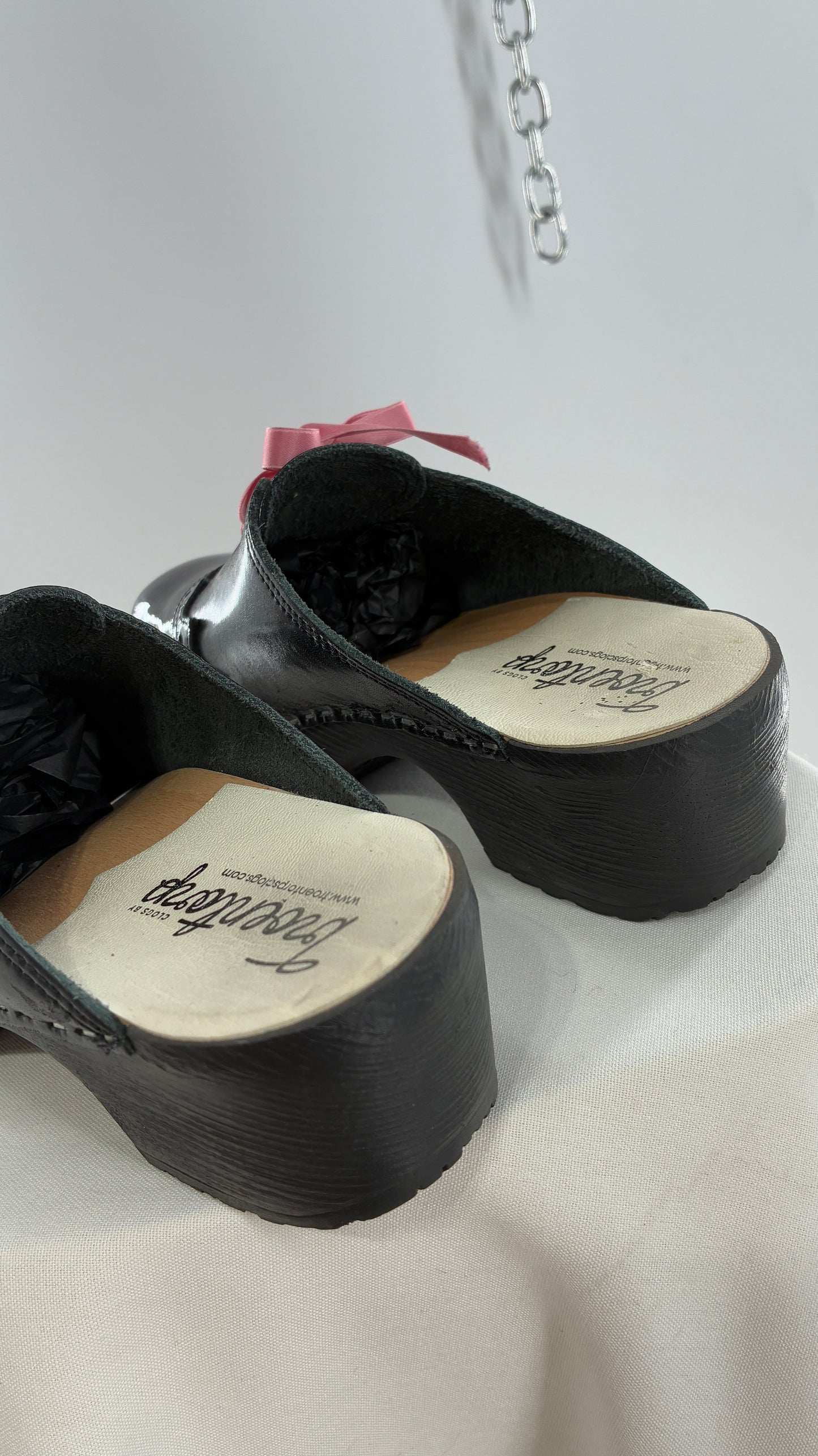 Vintage 1970s TROENTORPS Black Patent Leather Clogs with Ribbon Tie Detail (38)