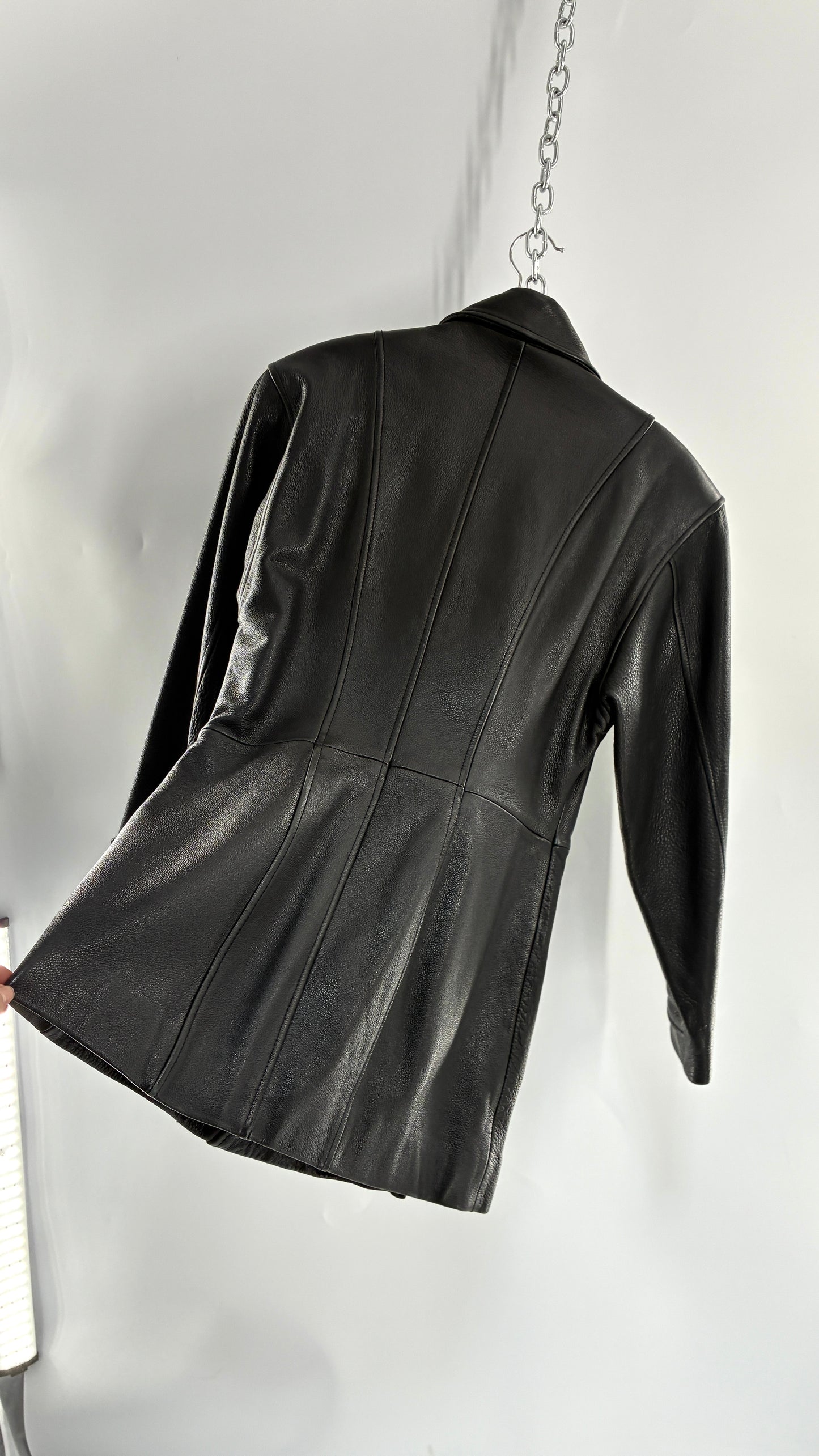 Vintage LUIS ALVEAR Thick Genuine Leather Black Trench Style Jacket (XS)