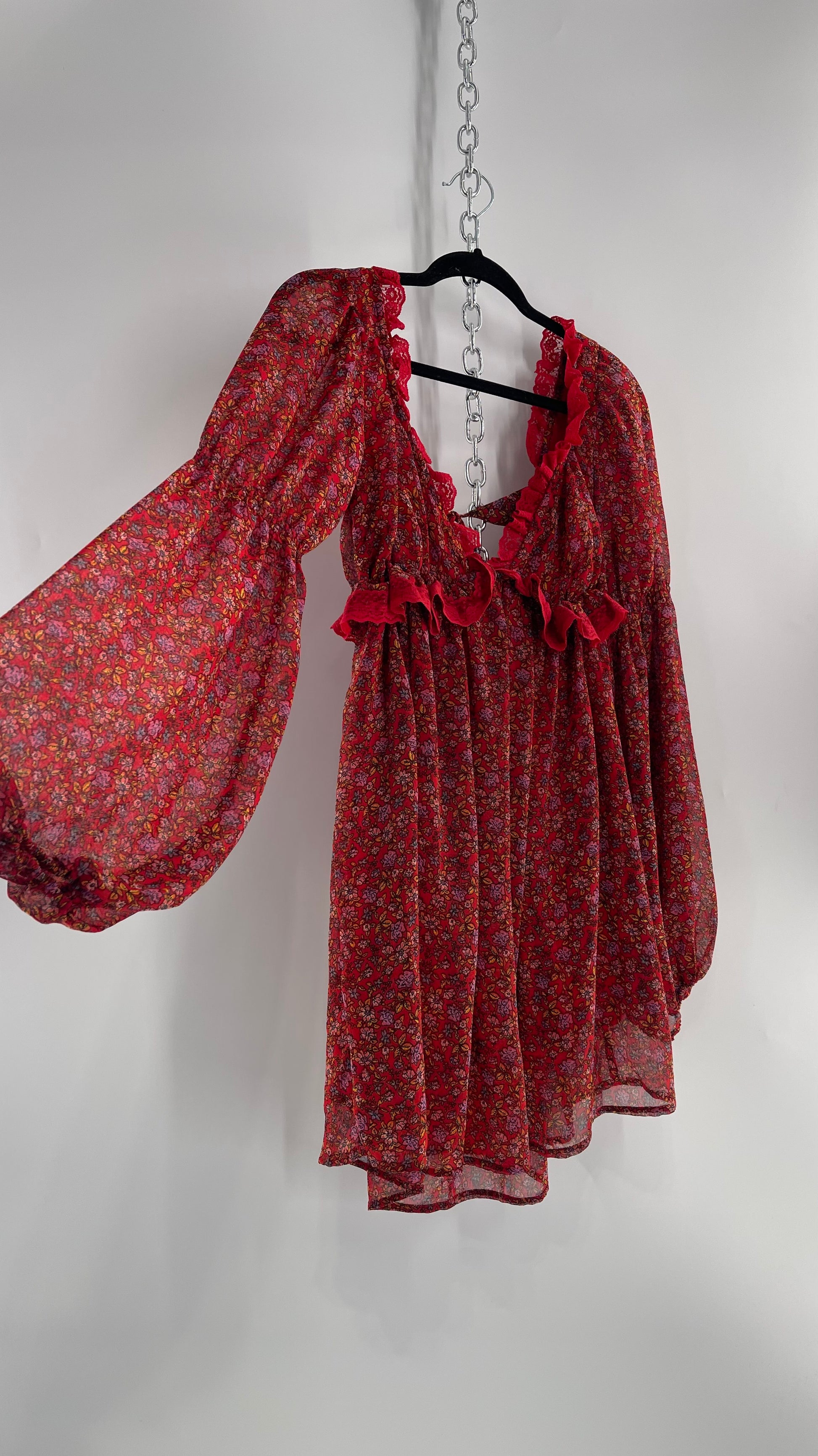 Free People Red Floral Mini Dress with Lace Trim, Open Back and Balloo The Thrifty Hippy Free People Red Floral Mini Dress with Lace Trim, Open Back and Balloo The Thrifty Hippy
