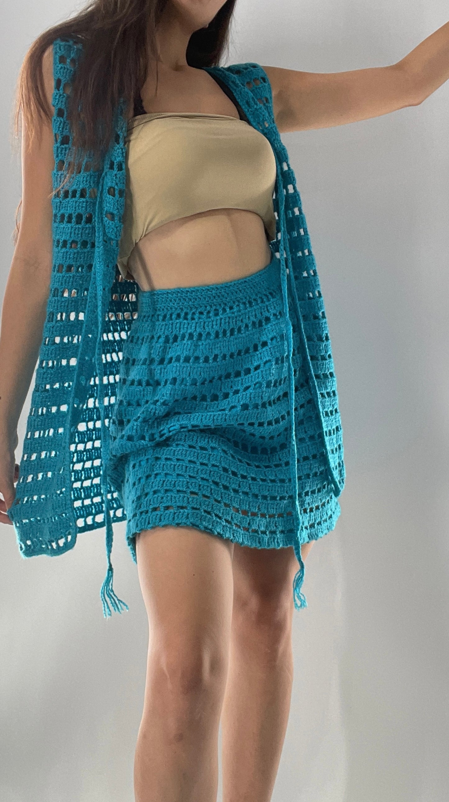 Vintage 1970s Handmade Blue Crochet Knit Mini Skirt and Long Tie Bust Vest (XS/S)