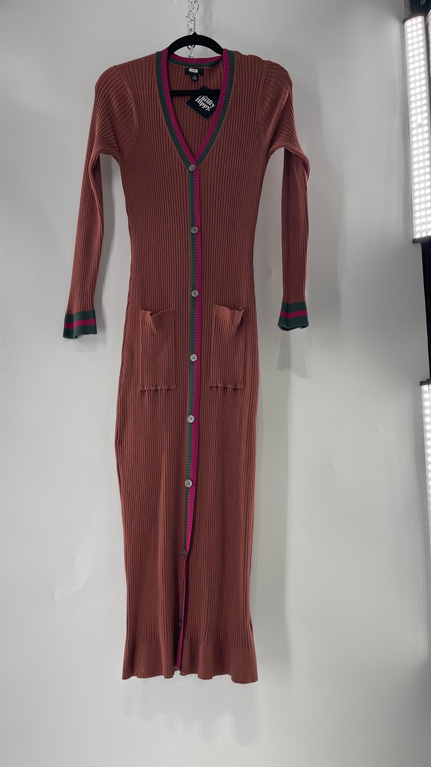 Current Air Los Angeles Brown Ribbed Knit Long Sleeve Button Front Dress with Fuchsia and Forest Green Striping (XS)