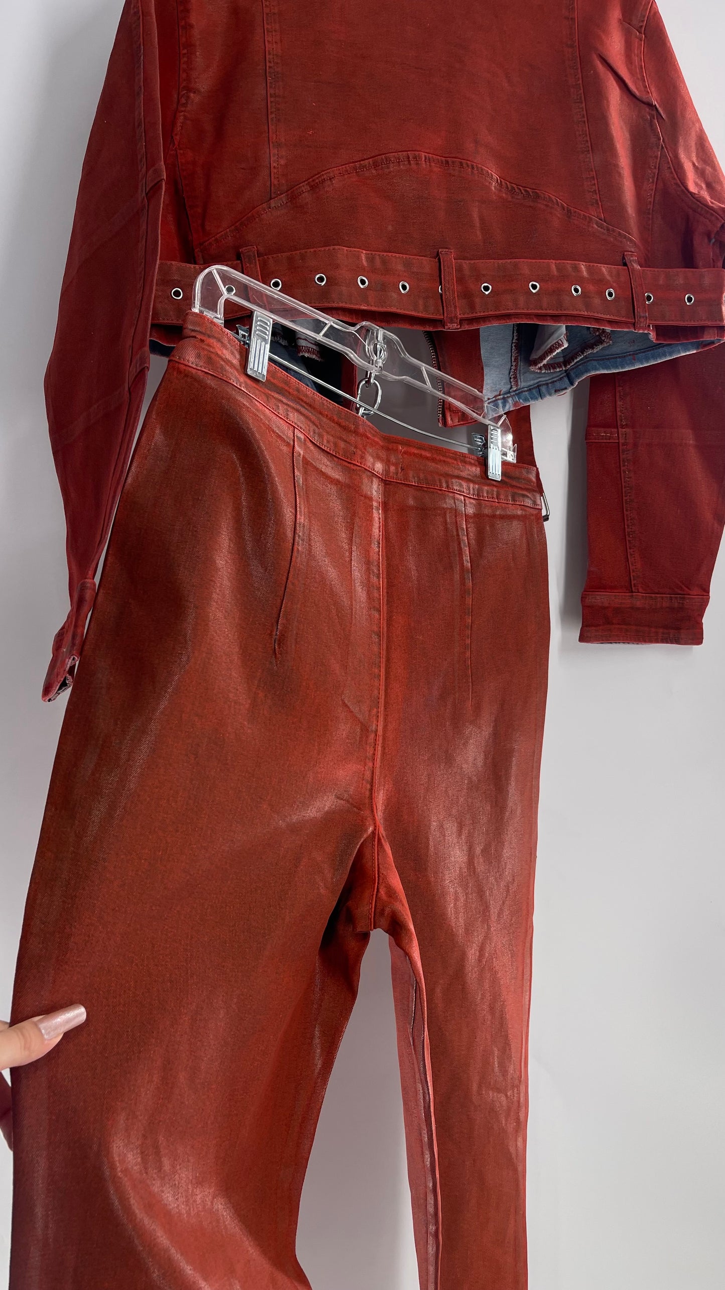 Fashion Nova Red Waxed Denim Cropped Motorcycle Jacket with Flared Jean Set and Tags Attached (XL/15)