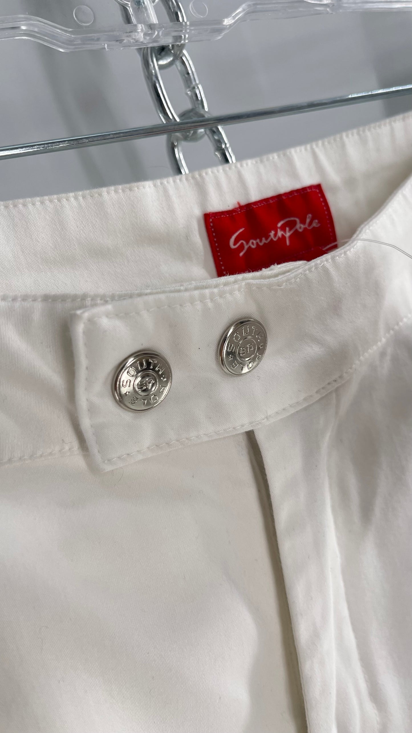 Vintage 1990s South Pole White Capri with Zippers, Silver Hardware, Satin Detailing and Patches (9)