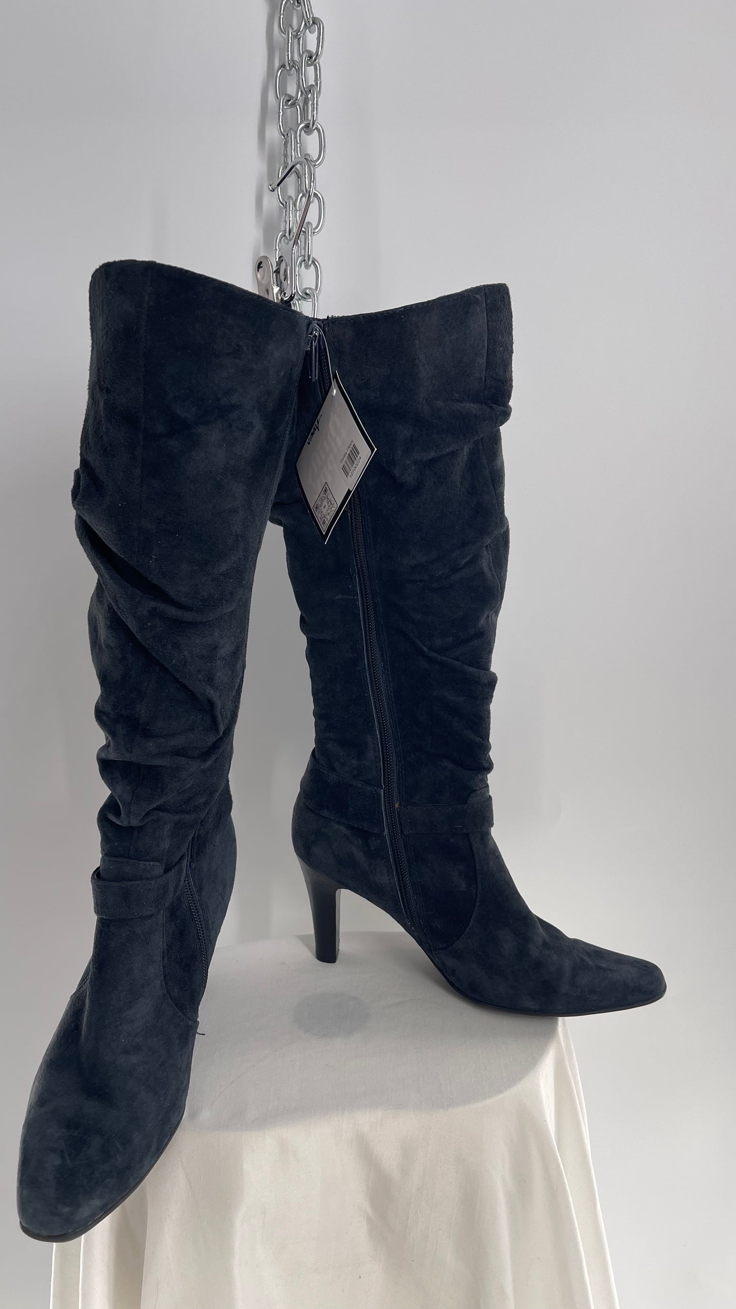 Vintage White Mountain Black Stacked Knee High Heel Boots with Ankle Stud and Buckle (7.5)