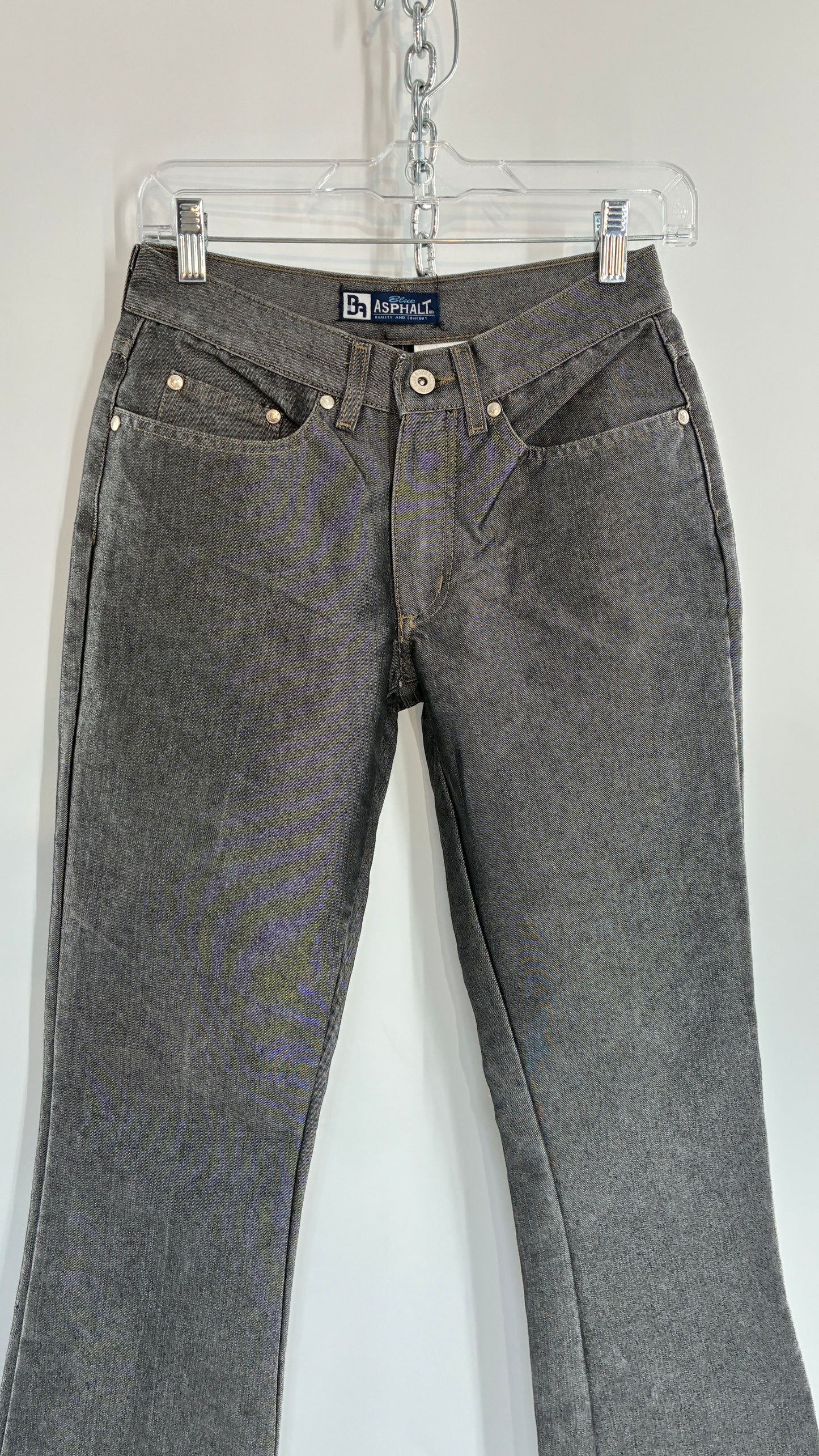 Vintage BLUE ASPHALT Metallic Silver Grey Denim Low Rise Kick Flares (5)