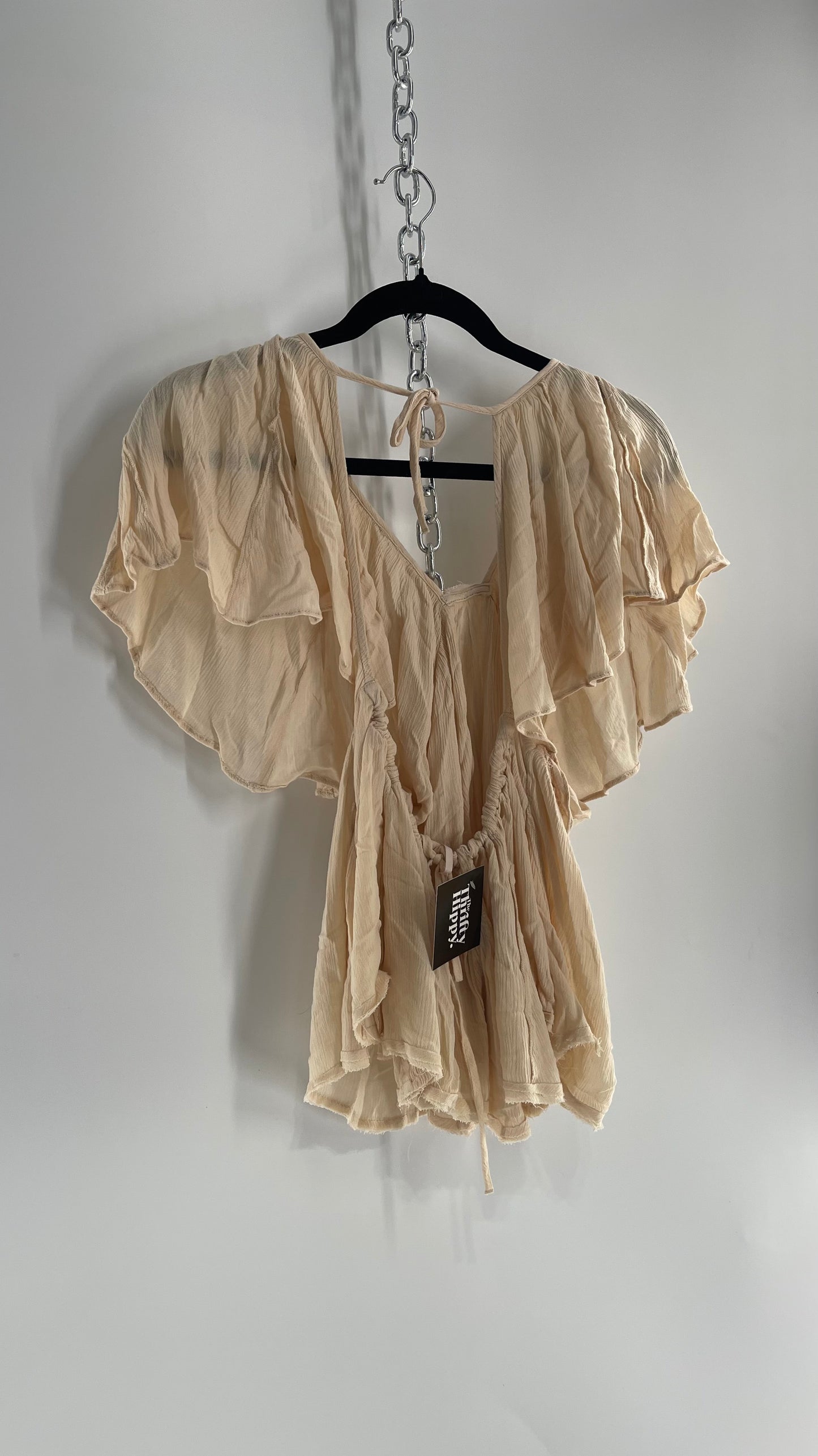 Free People Beige Open Back Drape Sleeve Blouse (XS)