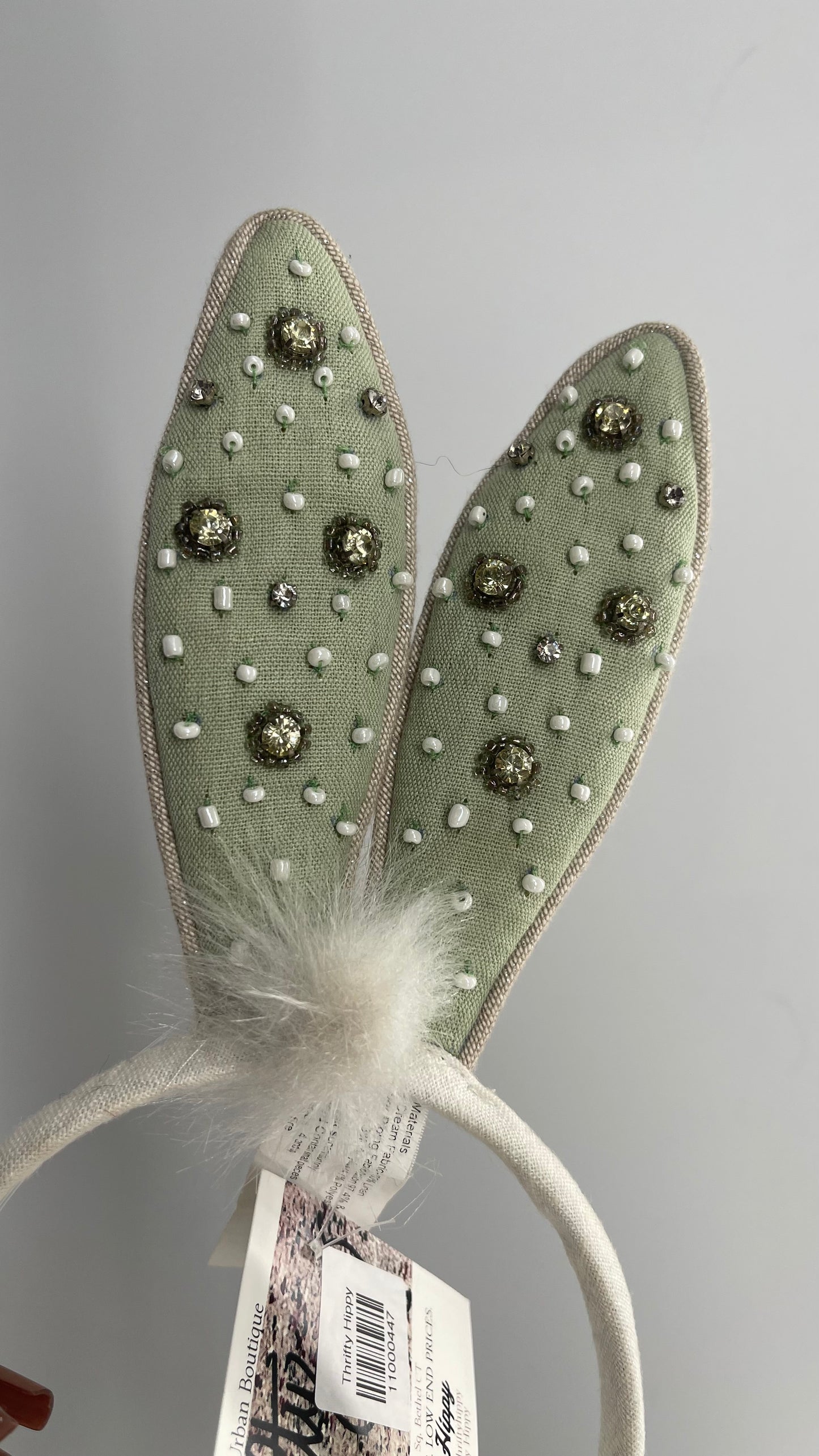 Anthropologie Bunny Rabbit Ears Embellished Beaded Sage Green Headband