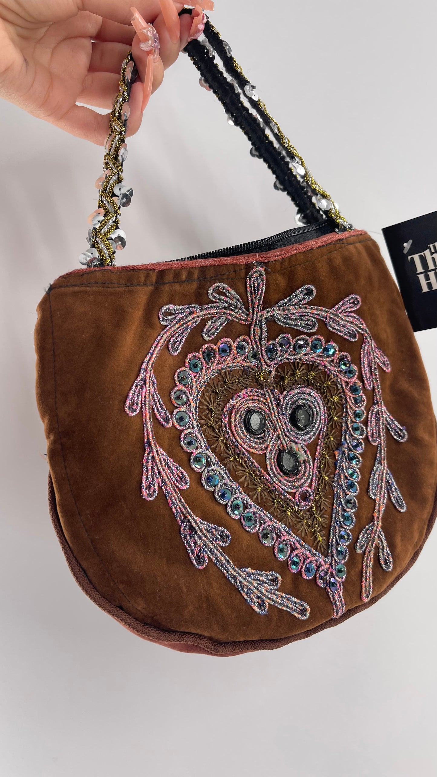 Vintage Brown Velvet Mini Bag with Embroidery, Mirrors and Appliqués