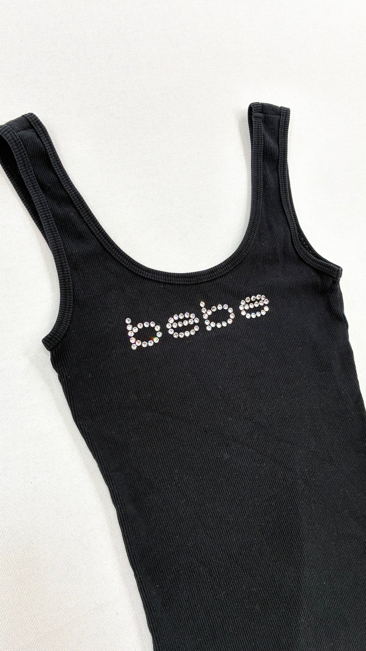 Vintage BEBE Black Ribbed Tank Top with Rhinestone Logo (XS)