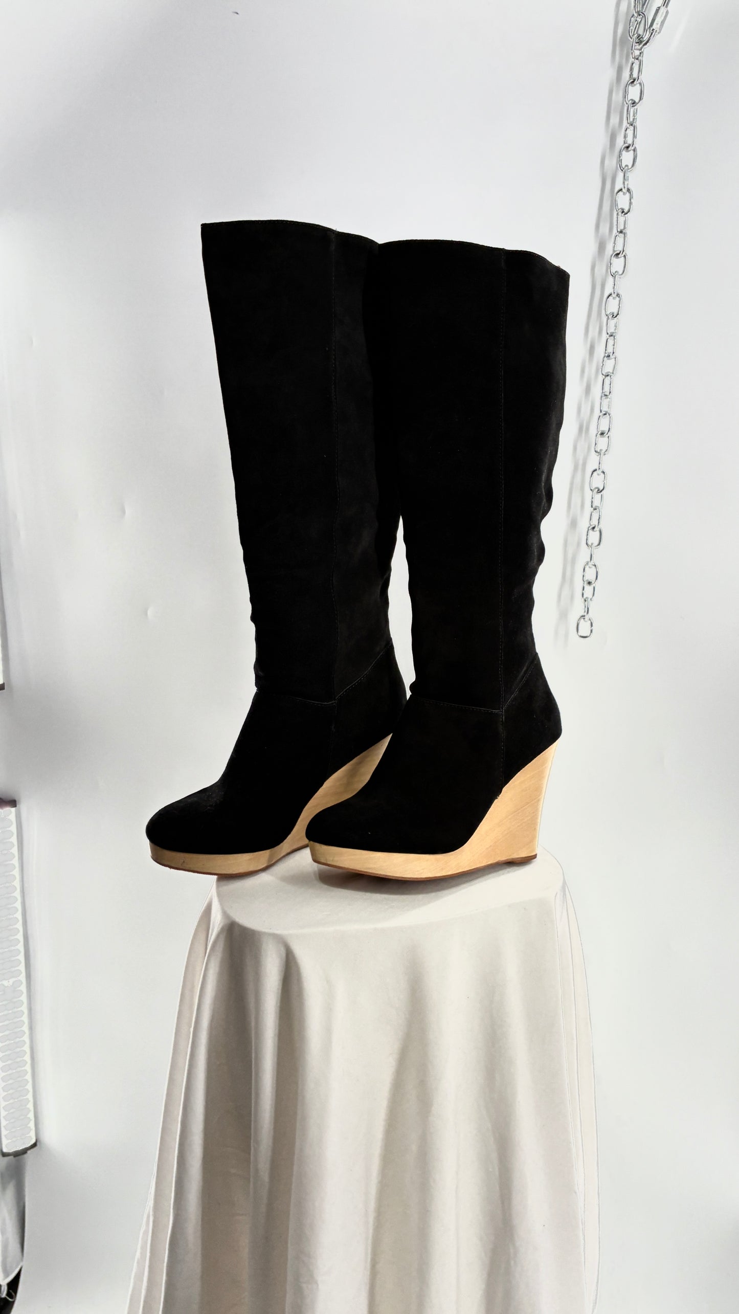 Vintage Black Genuine Suede Leather Knee High Boots with Skinny Wooden Wedge Heel (9)