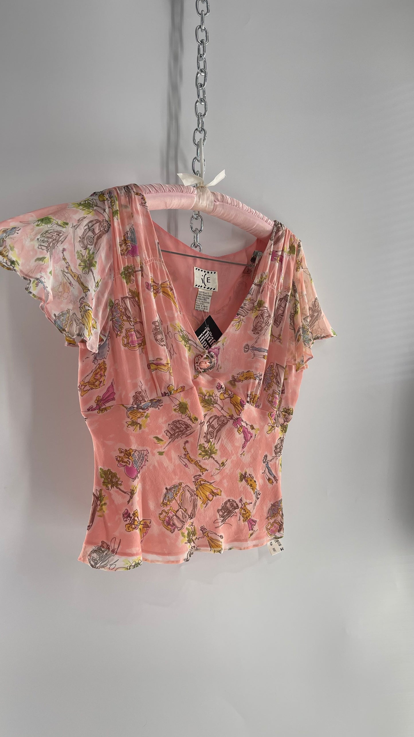 Vintage 1990s RARE i(E Femme Sketch 100% Silk Pink Blouse with Rosette Bust Detail (Large)