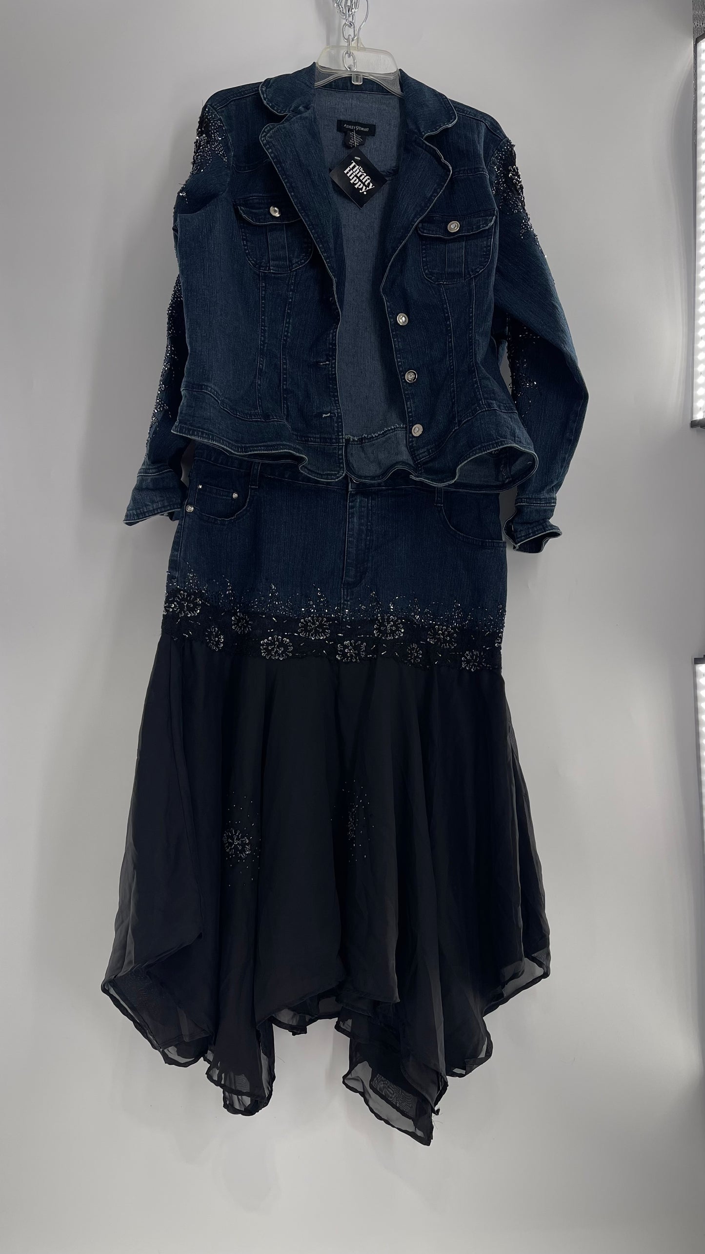 Vintage Ashley Stewart Denim Skirt and Button Up Set with Black Embroidered and Beaded Lace Details + Handkerchief Skirt (16W)