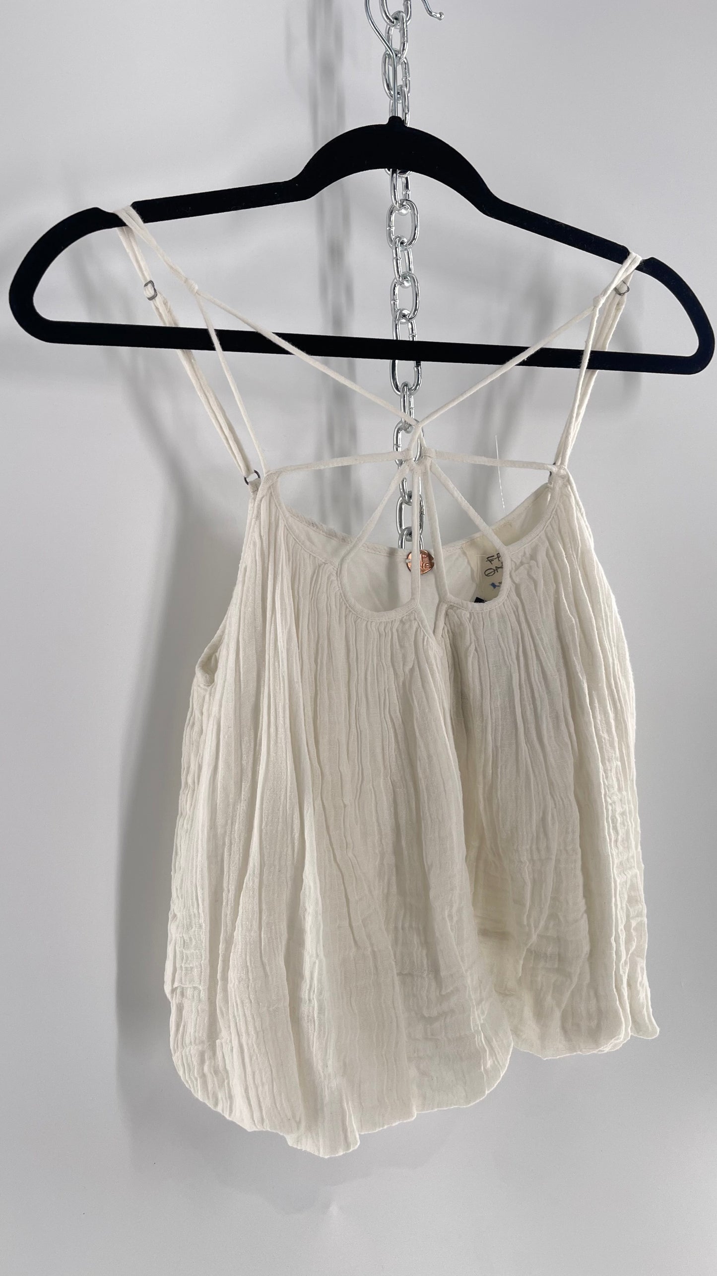 Free People White Cotton Bubble Sleeveless Blouse with Strappy Neckline (M)