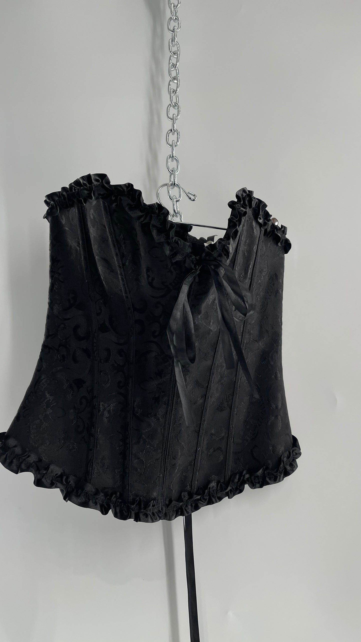 Adore Me Black Brocade Lace Back Ruffle Ribbon Trim (S/M)