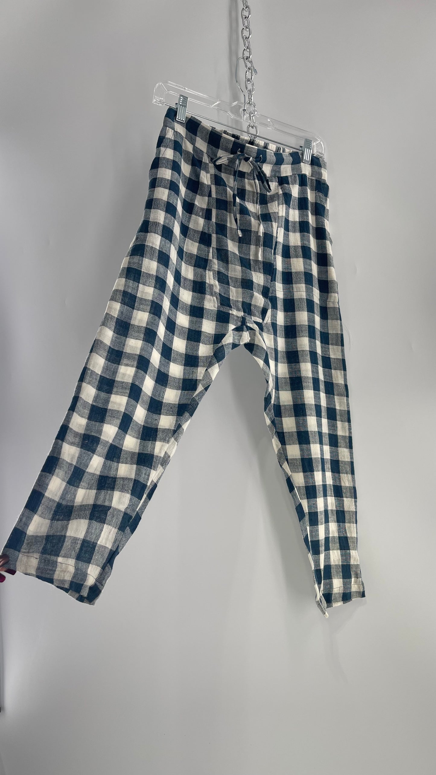 FAIRCLOTH Gingham Checkered White and Blue Linen/Cotton Cropped Drop Crotch (Small)