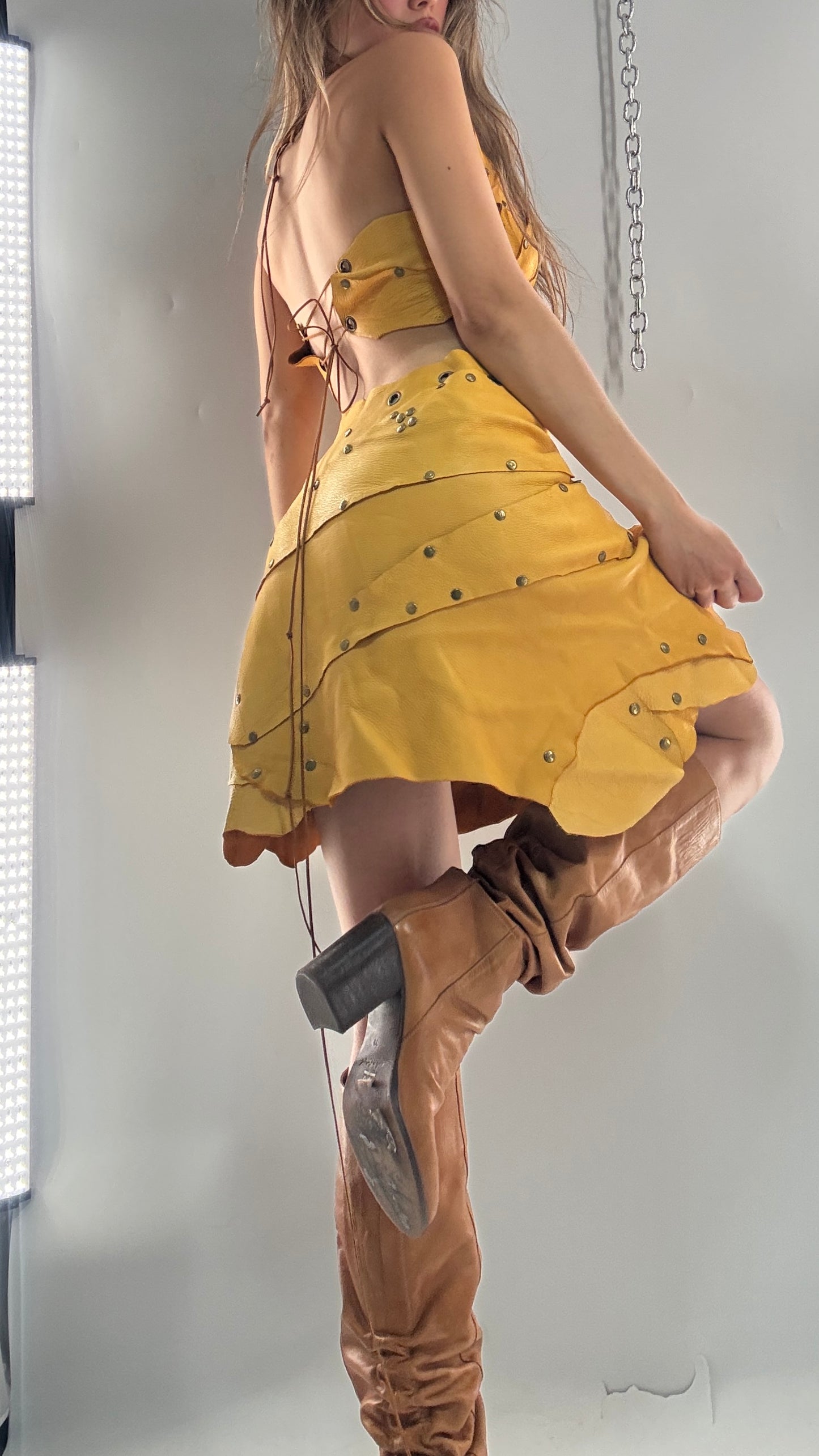 Handmade 1 of 1 and Pressed Genuine Suede and Pebbled Leather Reversible Corset Top and Grommet Skirt Set (XS-M)