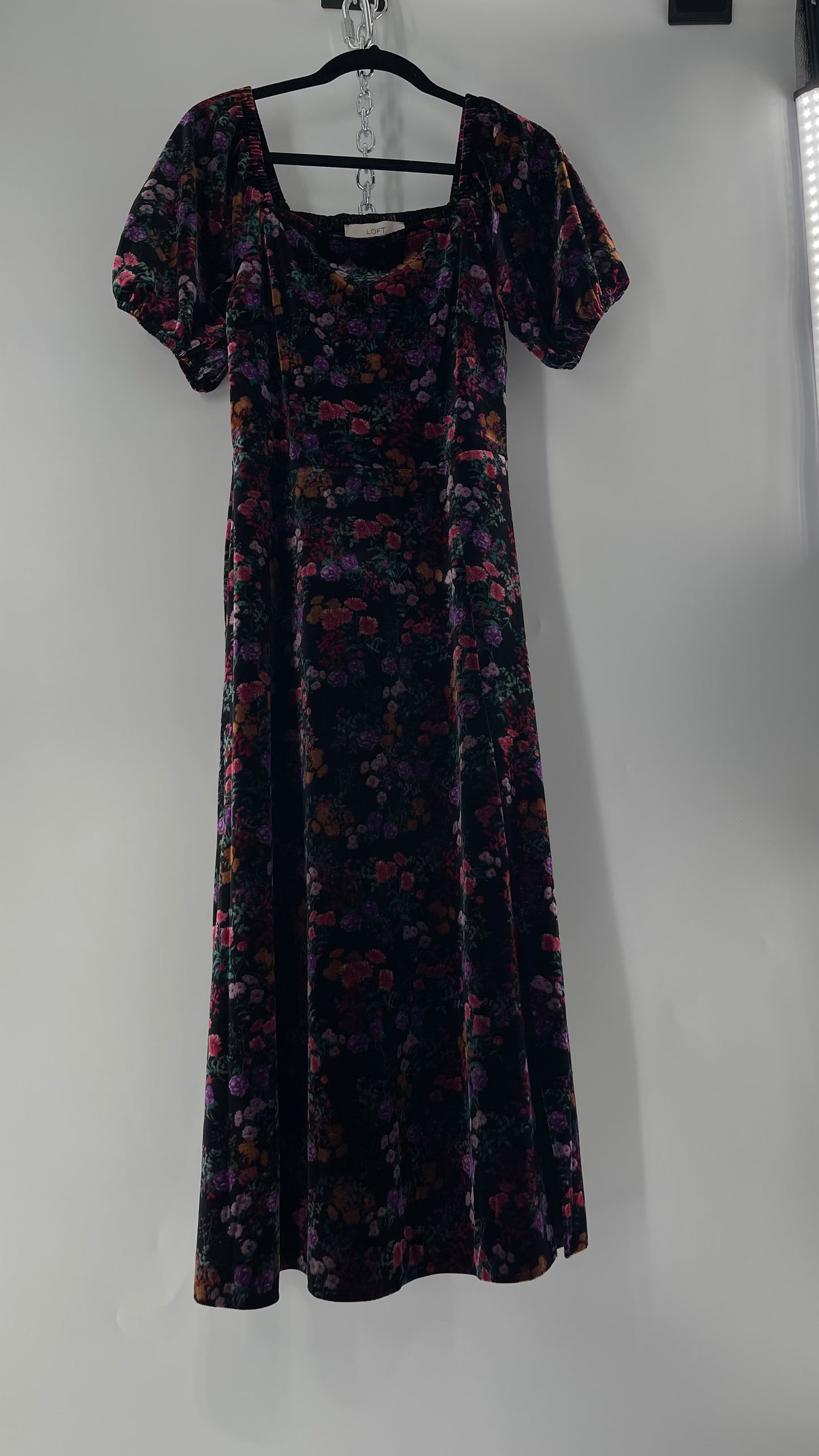 LOFT Velvet Dark Floral Full Length Dress with Puff Sleeves and Smocked Back with Tags Attached  (8)