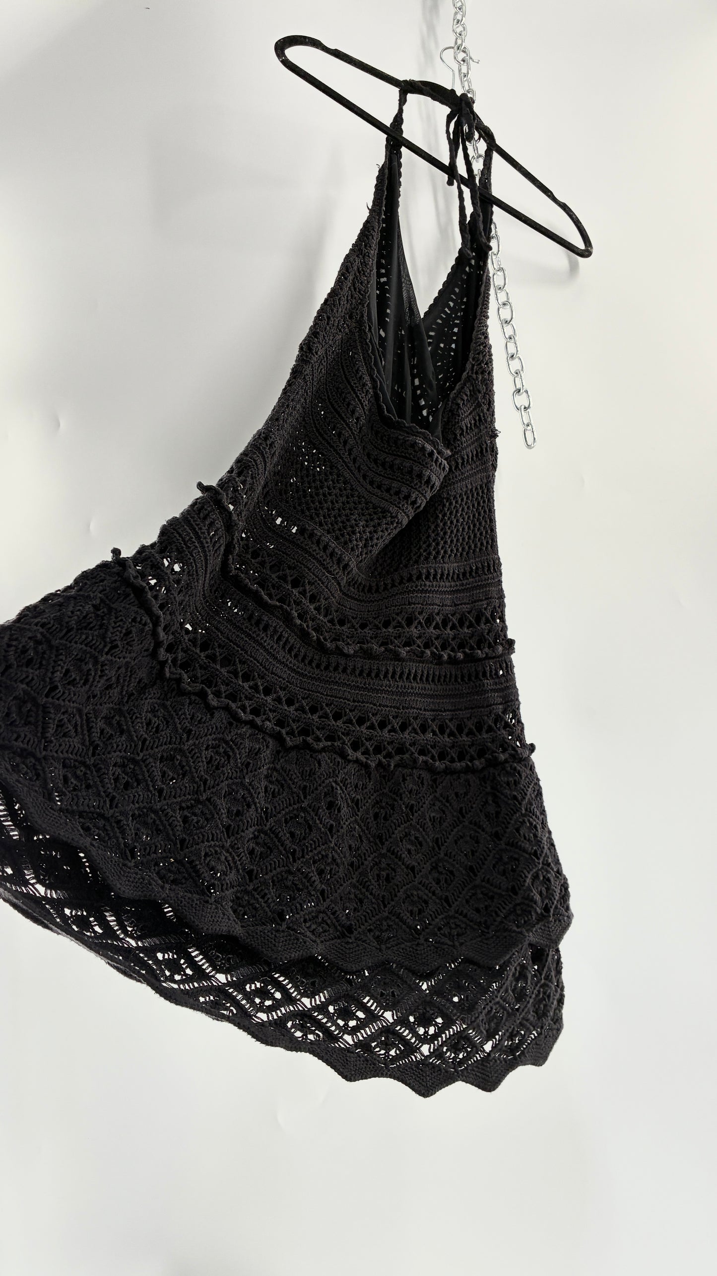 Vintage MODA INTERNATIONAL Black 100% Cotton Crochet Mini Halter Dress with Ruffled Skirt (Medium)