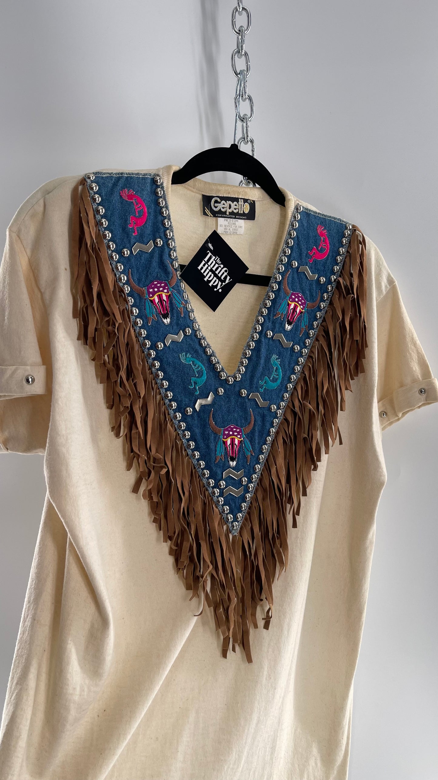 Vintage 1980s GEPETTO Off White Rodeo Western T Shirt with Denim Lined V Neck, Faux Leather Fringe Detail, Embroidery, and Heavy Duty Studs