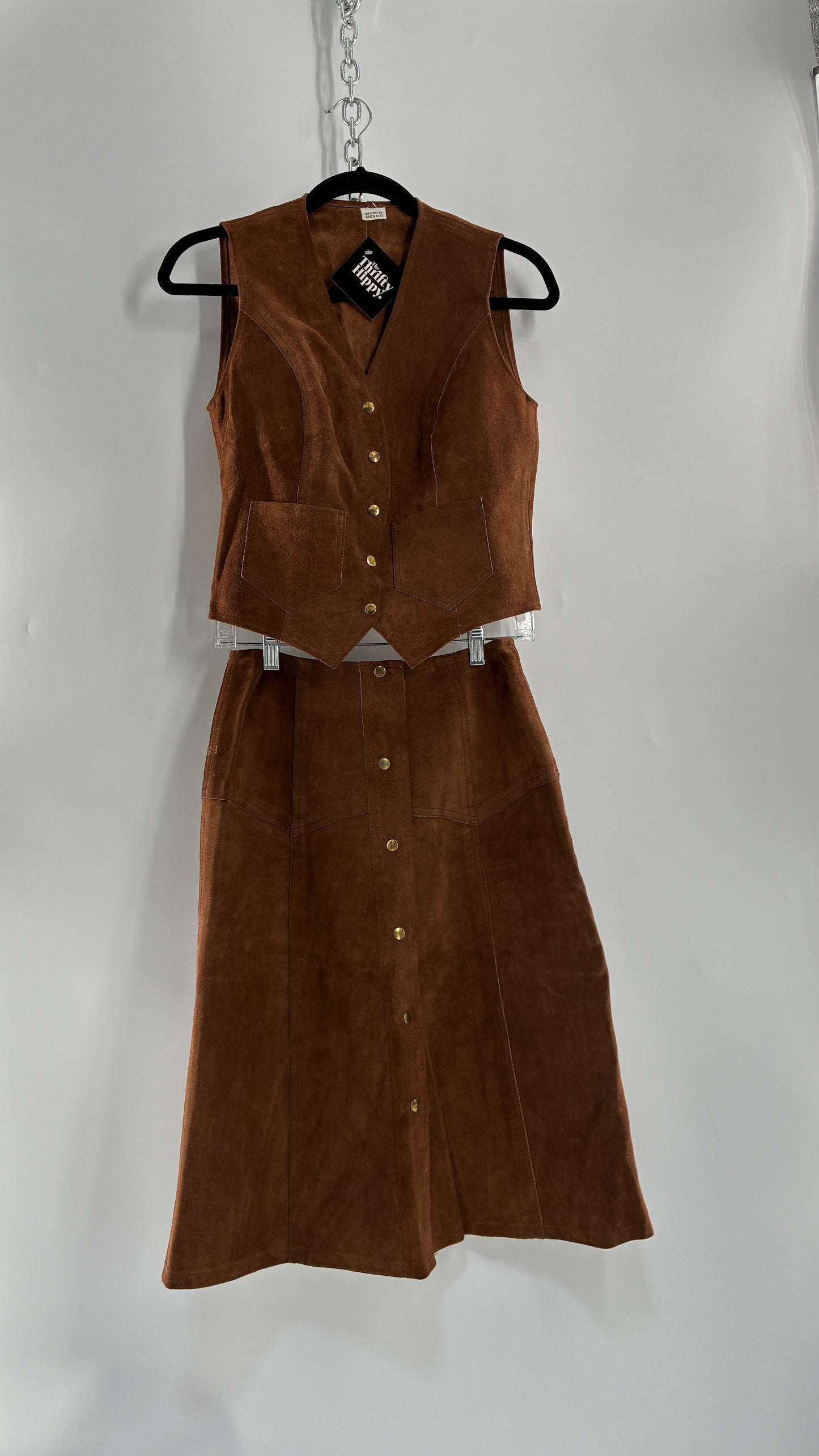 Vintage 1970s Genuine Suede Brown Leather Button Front Skirt and Vest Made in Mexico (XS/S)