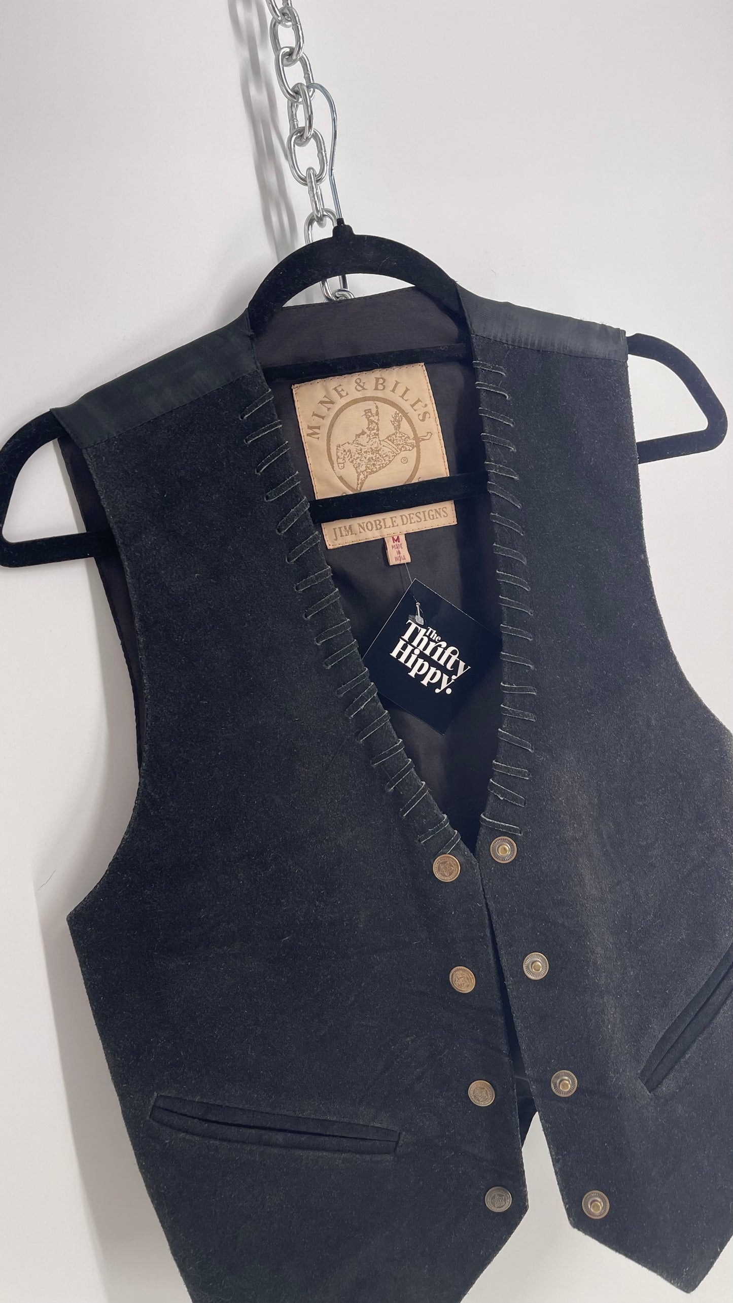 Vintage Western Mine & Bill’s Black Suede Leather Vest with Leather Stitching (Medium)