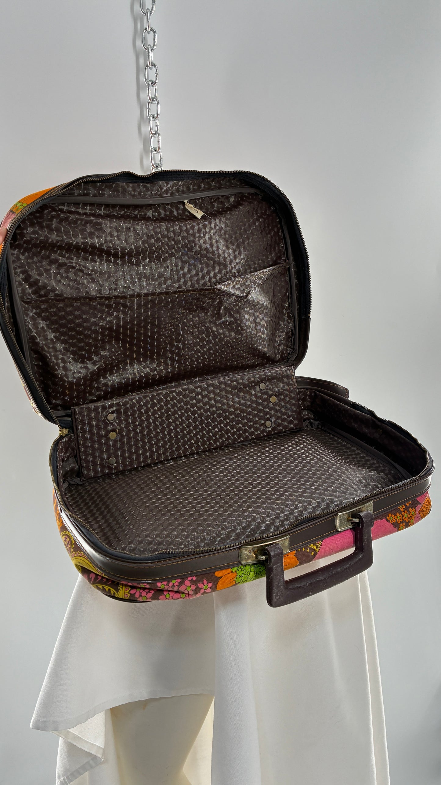 Vintage 1970s Brown Briefcase with Warm Tone Flowers