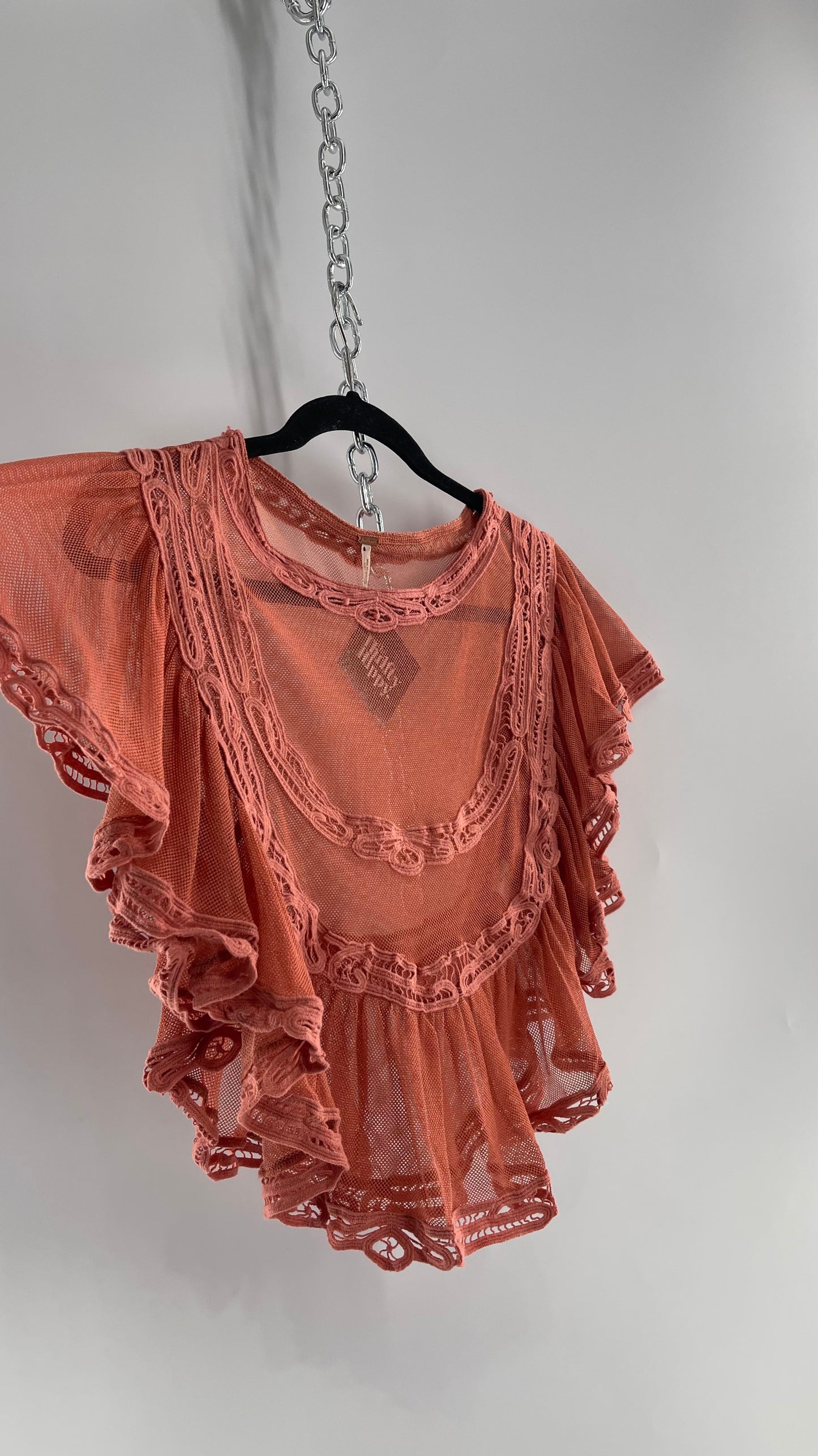 Free People I’m Pretty Okay Blush Pink Mesh Blouse with Ruffled Lace (Small)