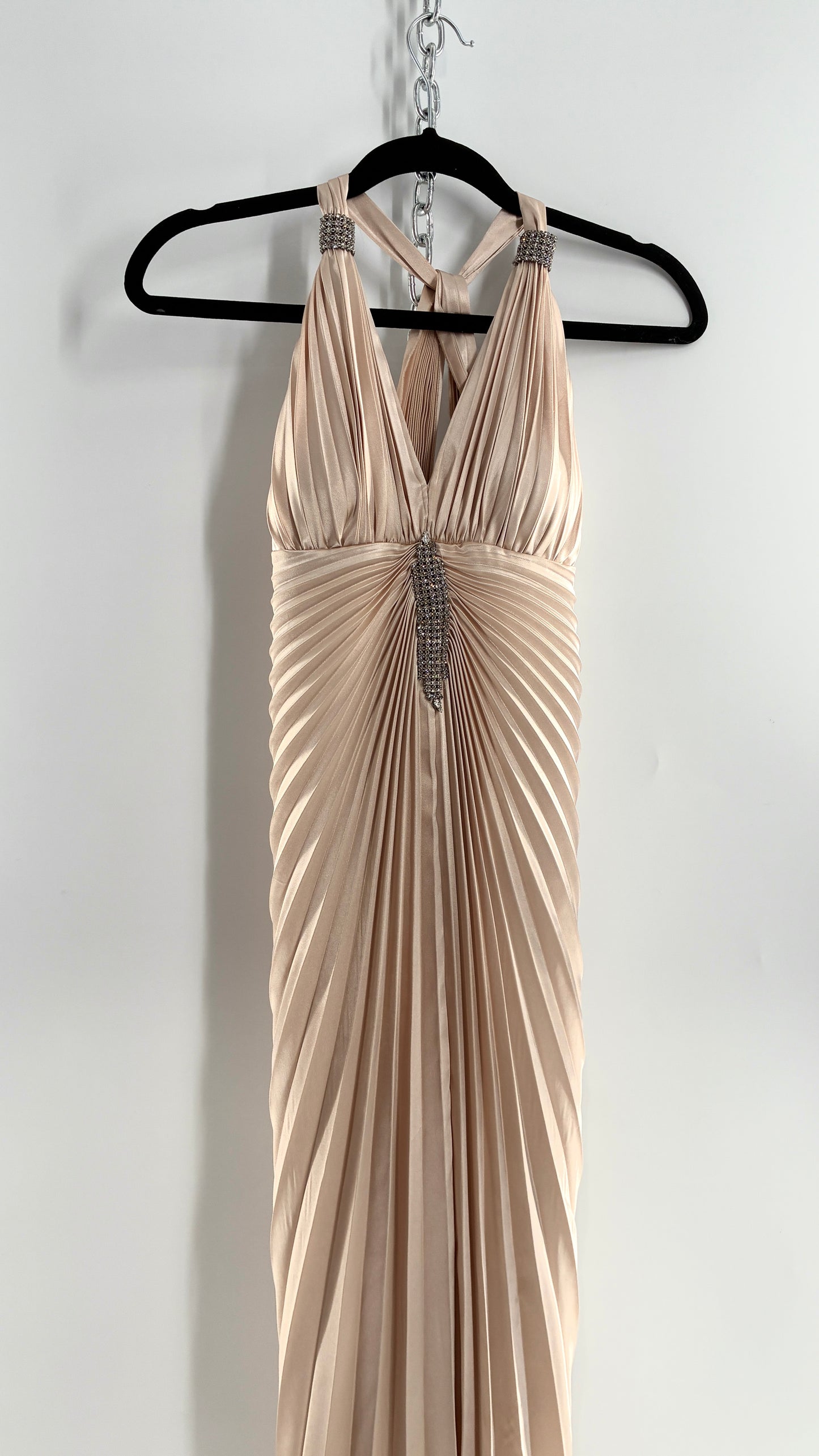 Vintage ISSUE Pleated Champagne Gown with Vented Slit Front, Crystal Bust Appliqué and Strap Cuffs (2)