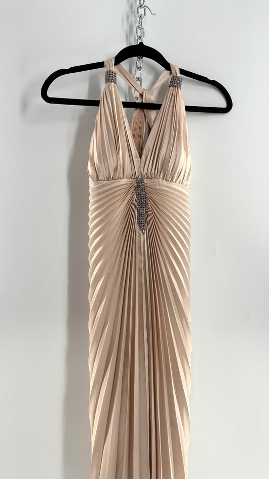 Vintage ISSUE Pleated Champagne Gown with Vented Slit Front, Crystal Bust Appliqué and Strap Cuffs (2)