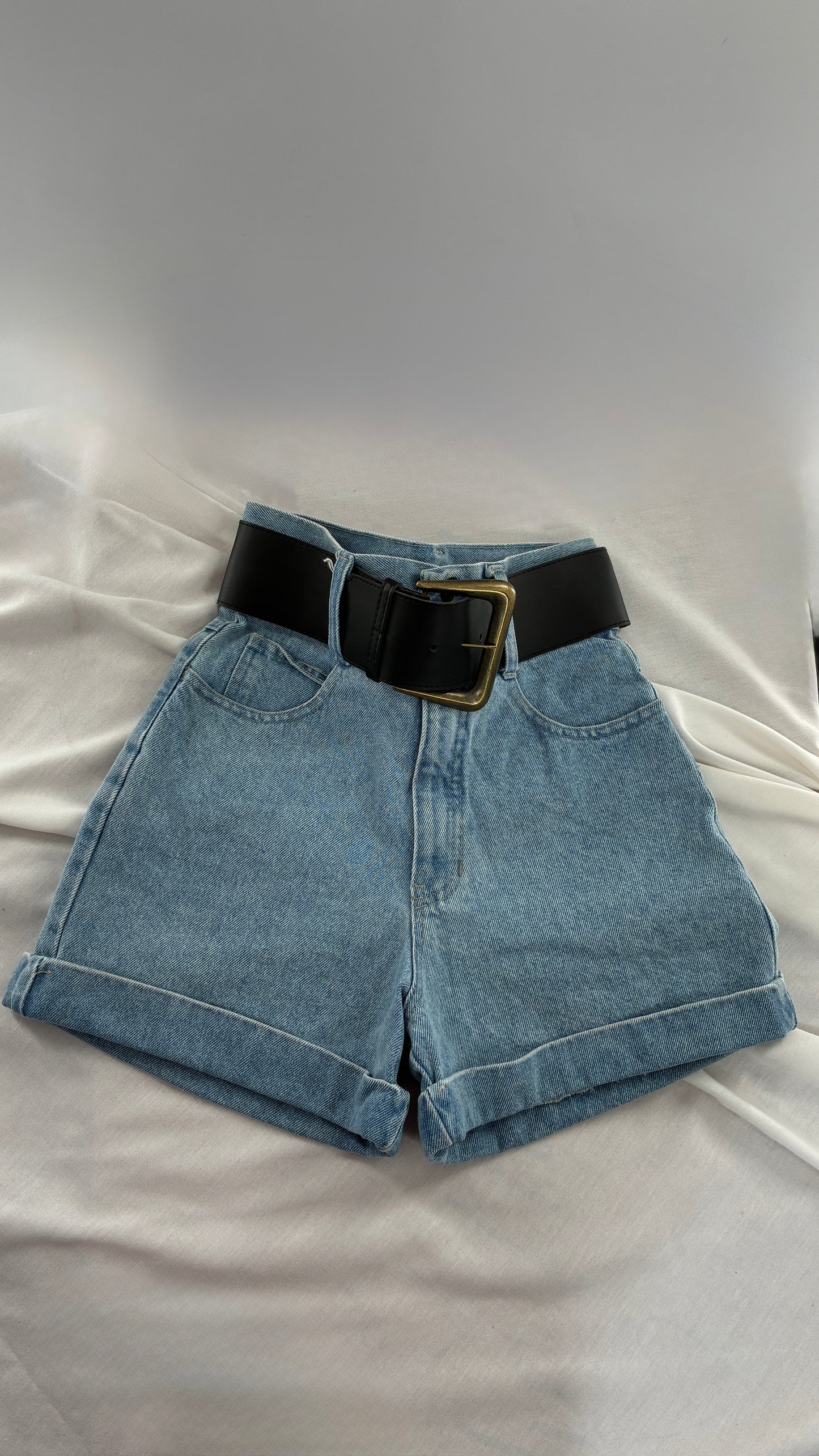 Vintage 1990s EXPRESS Ultra High Waisted Jean Shorts with Wide Waist Belt (1/2)