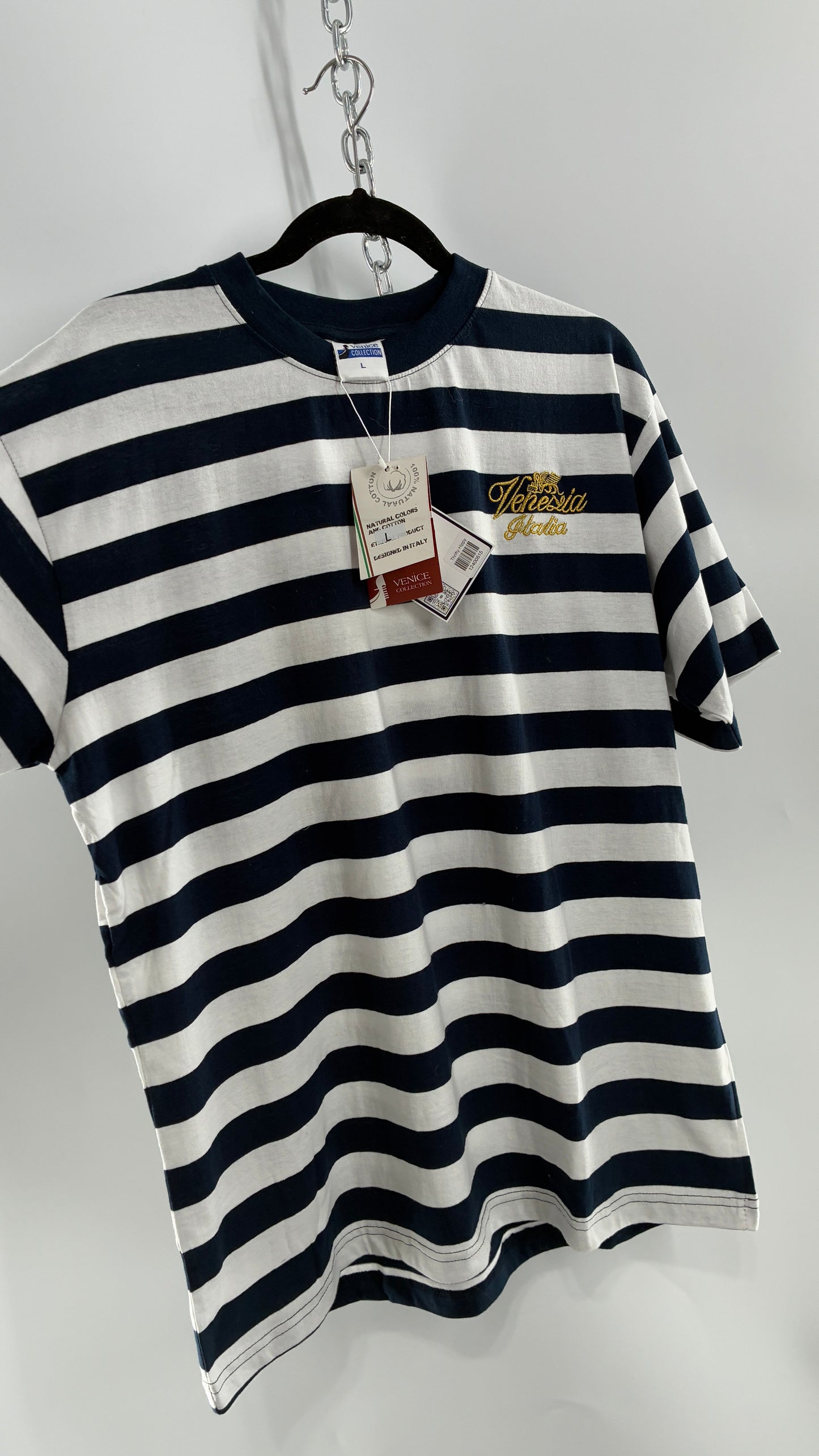 Vintage VENEZIA Striped Navy Short Sleeve with Gold Embroidery Designed in Italy (Large)
