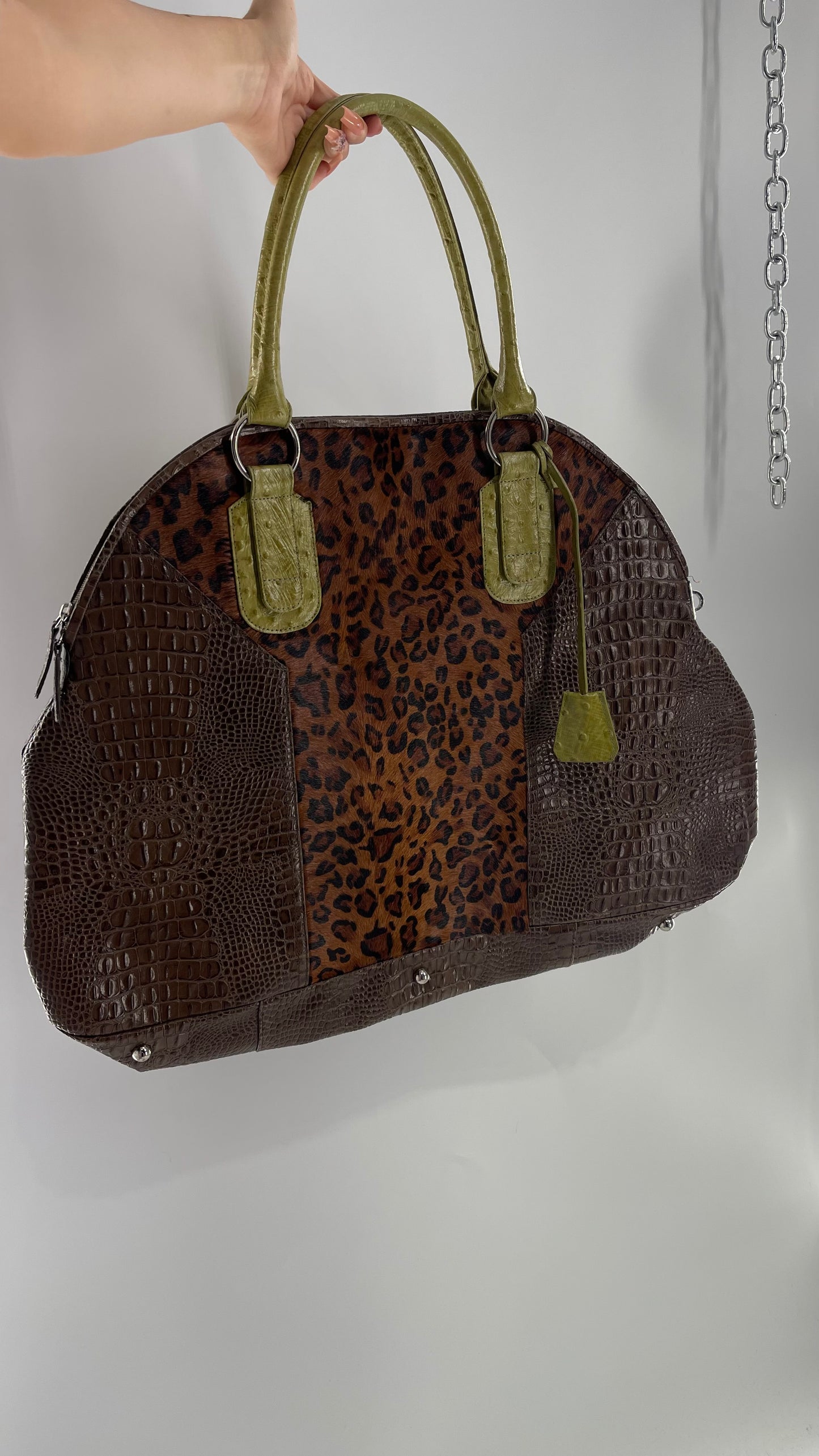 CLÉO & PATEK PARIS Leather Crocodile Texture Sides, Ostrich Texture Straps and Cheetah Fur Texture Center with Velvet Lining