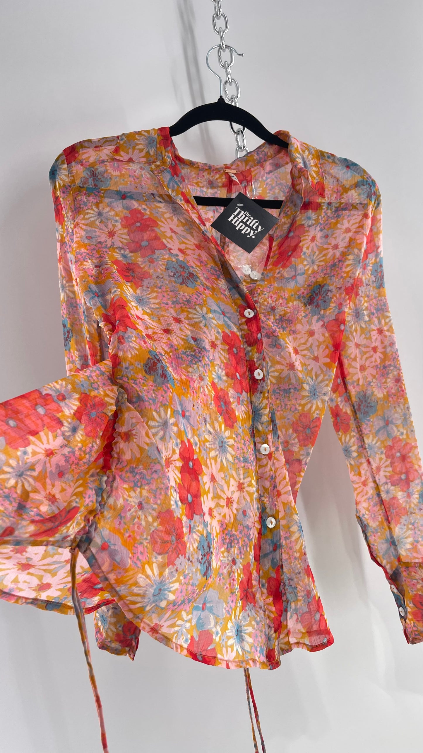 Free People Sheer Orange Floral Button Up with Ruched Sides (XS)