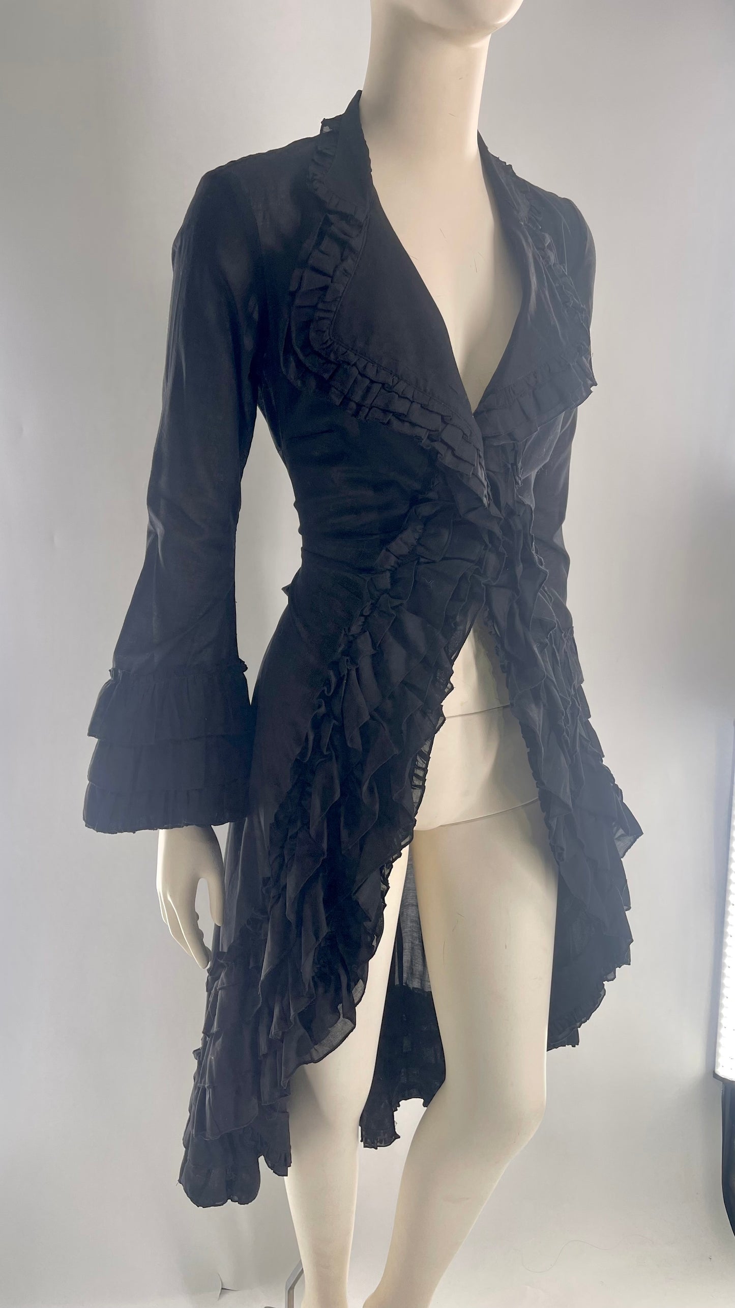 Vintage Cordelia Cotton Black Ruffled Duster Coat with Ruffled Lapel and Cuffs (XS)