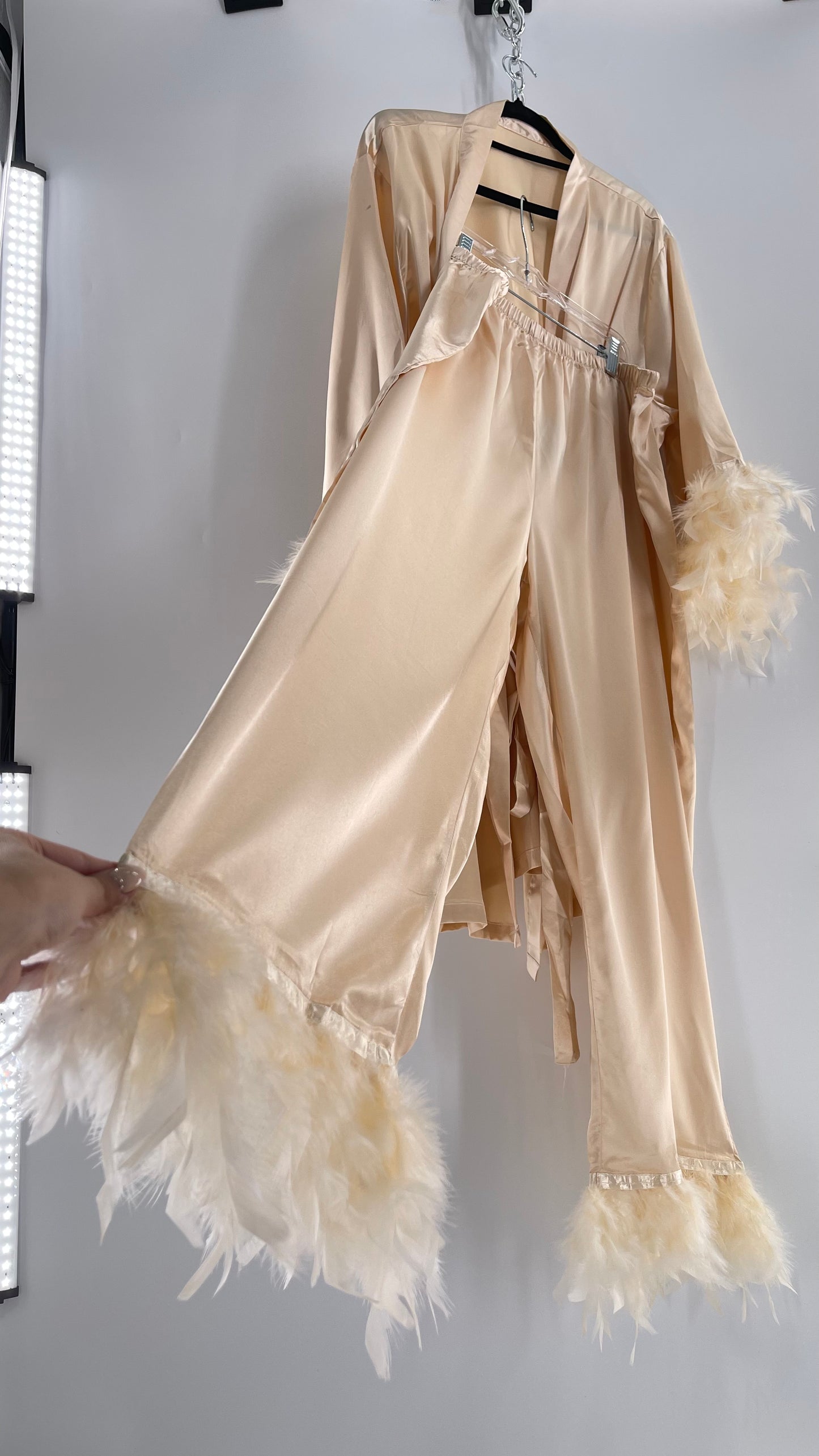 Champagne Satin Loungewear 2piece Set with Ostrich Feather Trim (3XL)