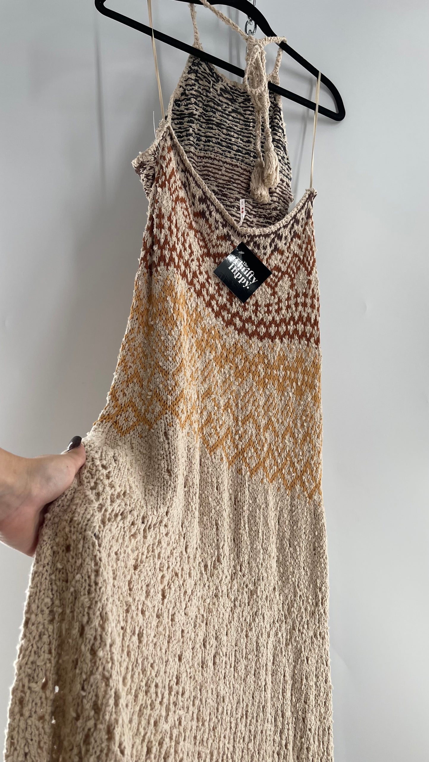 Free People Beige Ikat Oasis Knit Halter Maxi Dress (Small)