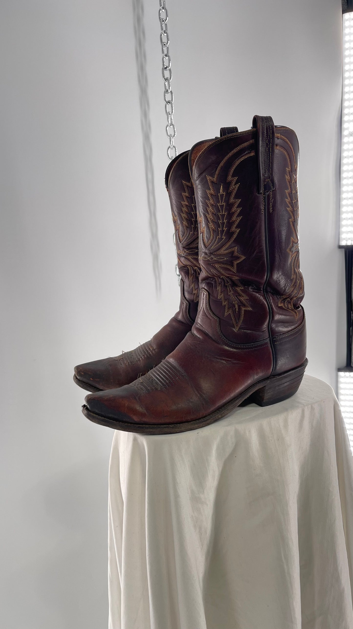 Vintage Men’s 1883 Luchesse Lived In Brown Cognac Leather Pointed Toe Cowboy Boots with Embroidery (12)