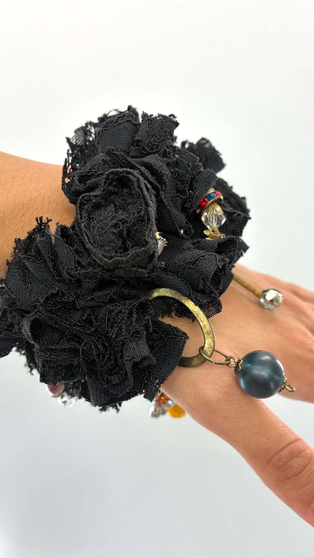 Handmade Black Rosette & Eclectic Charm Statement Cuff