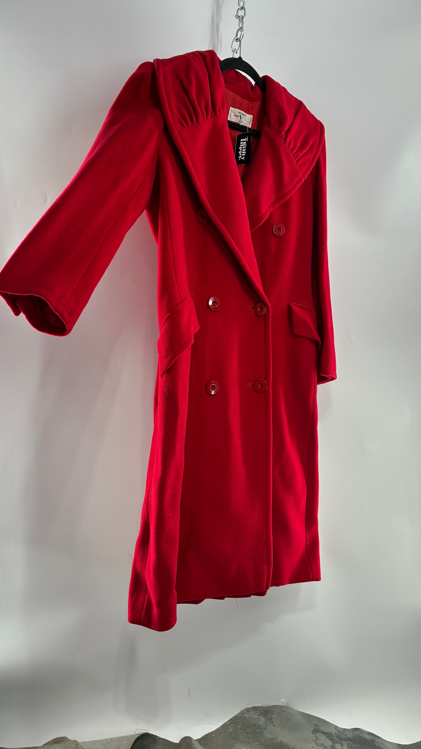 Vintage VALENTINO Miss V Red Sweeping, Tie Back and Pleated/Draped Collar Coat