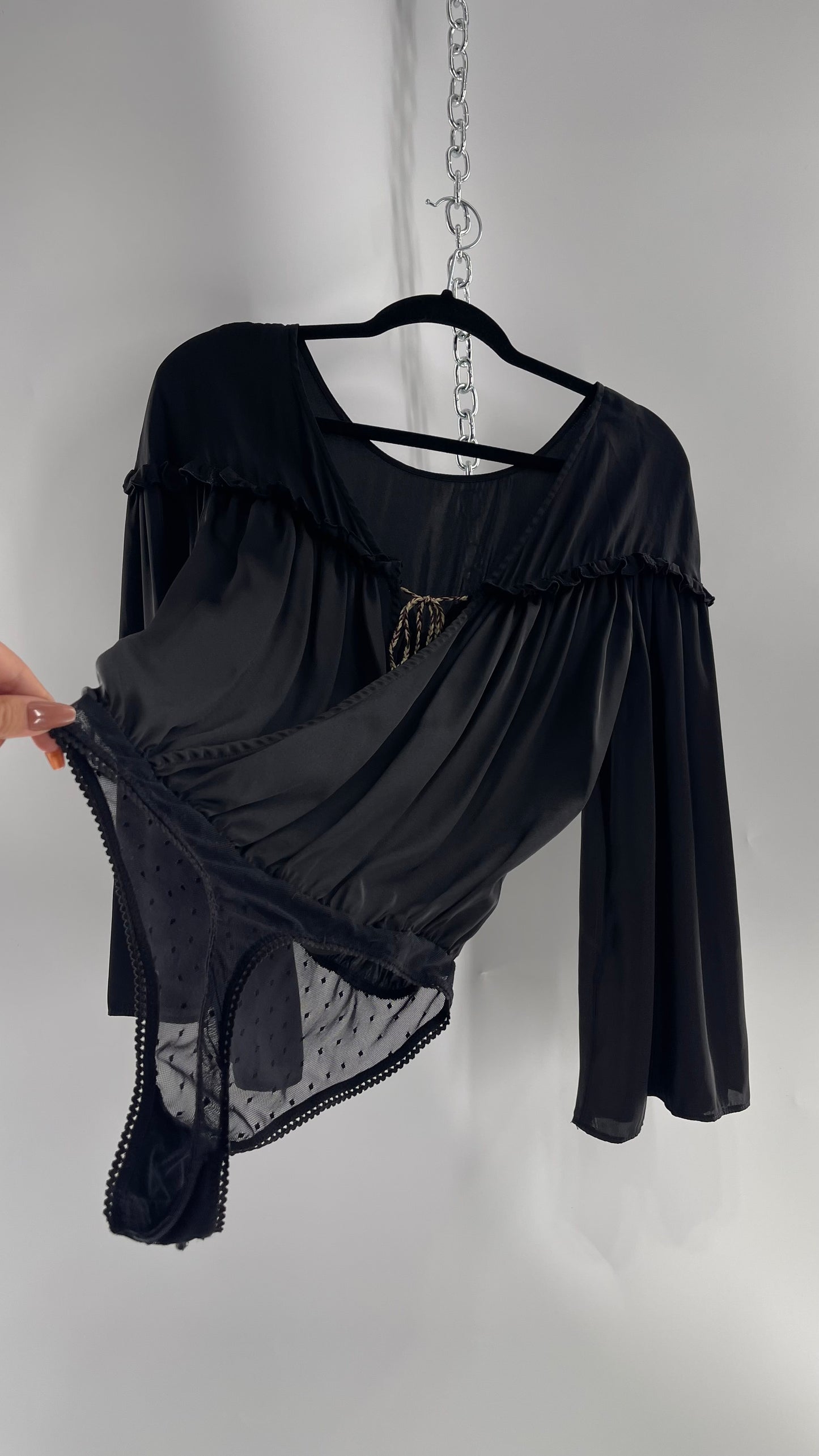 Free People Black Silky Ruffled Sweetheart Neckline Detail with Pleated Bodice and Open Back (XS)