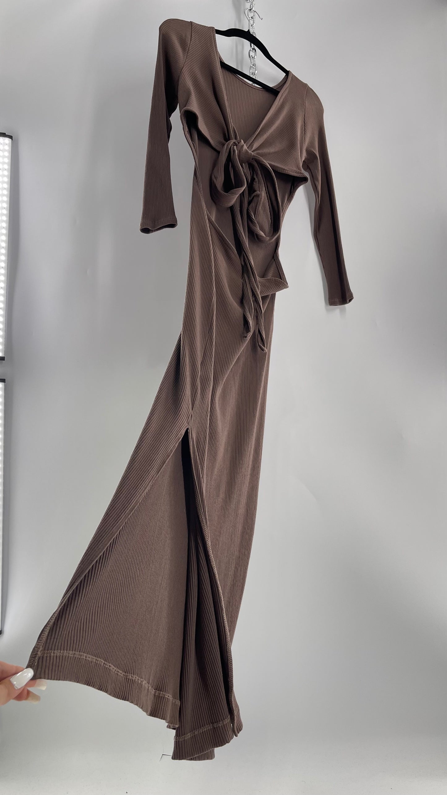 Free People Brown Ribbed Maxi Dress with Low Open Back and Dramatic Tie Detail (Large)