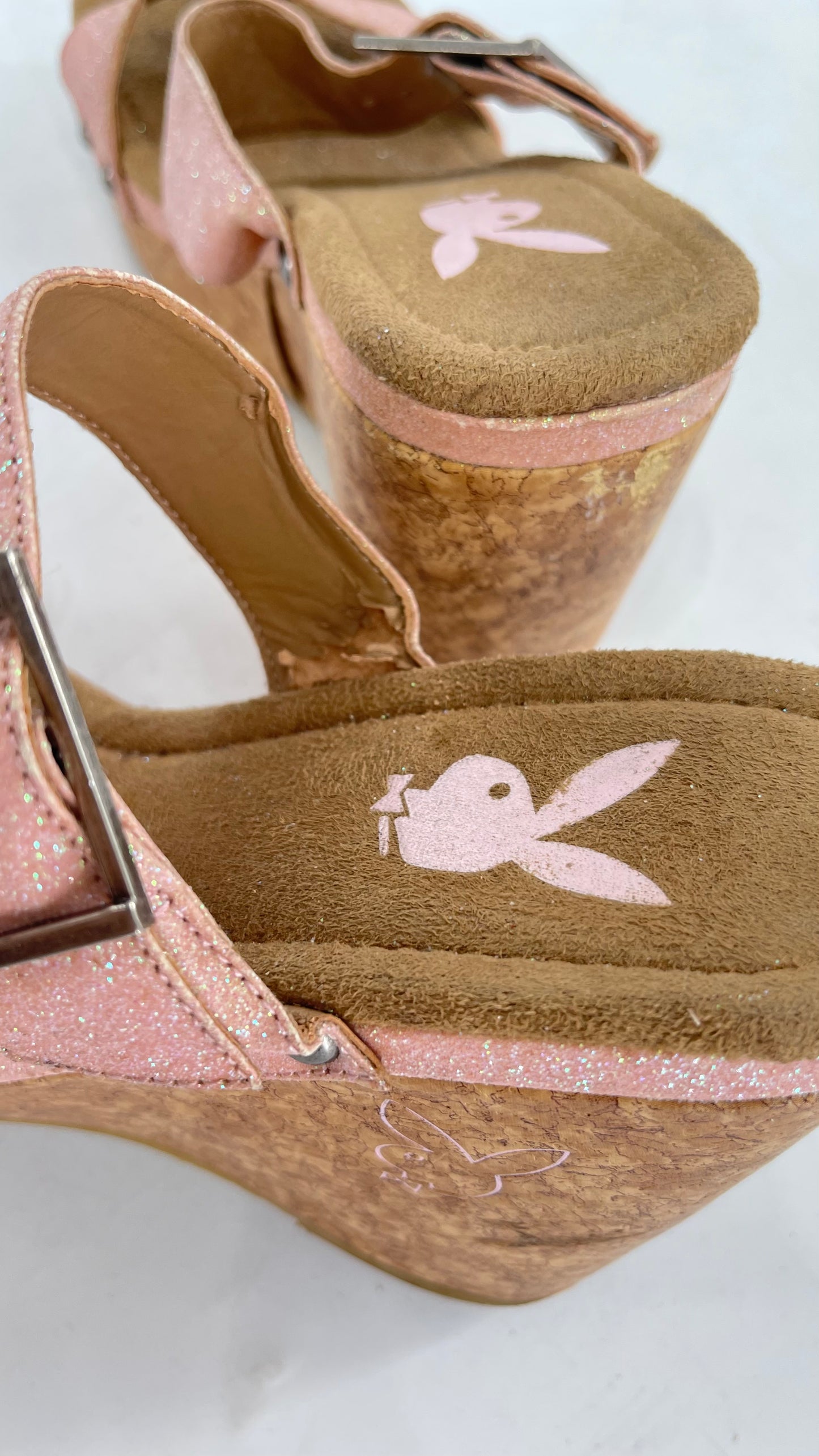 Playboy Pink Glitter Wedge Heel with Cork Heel and Playboy Engraved Buckle (6)