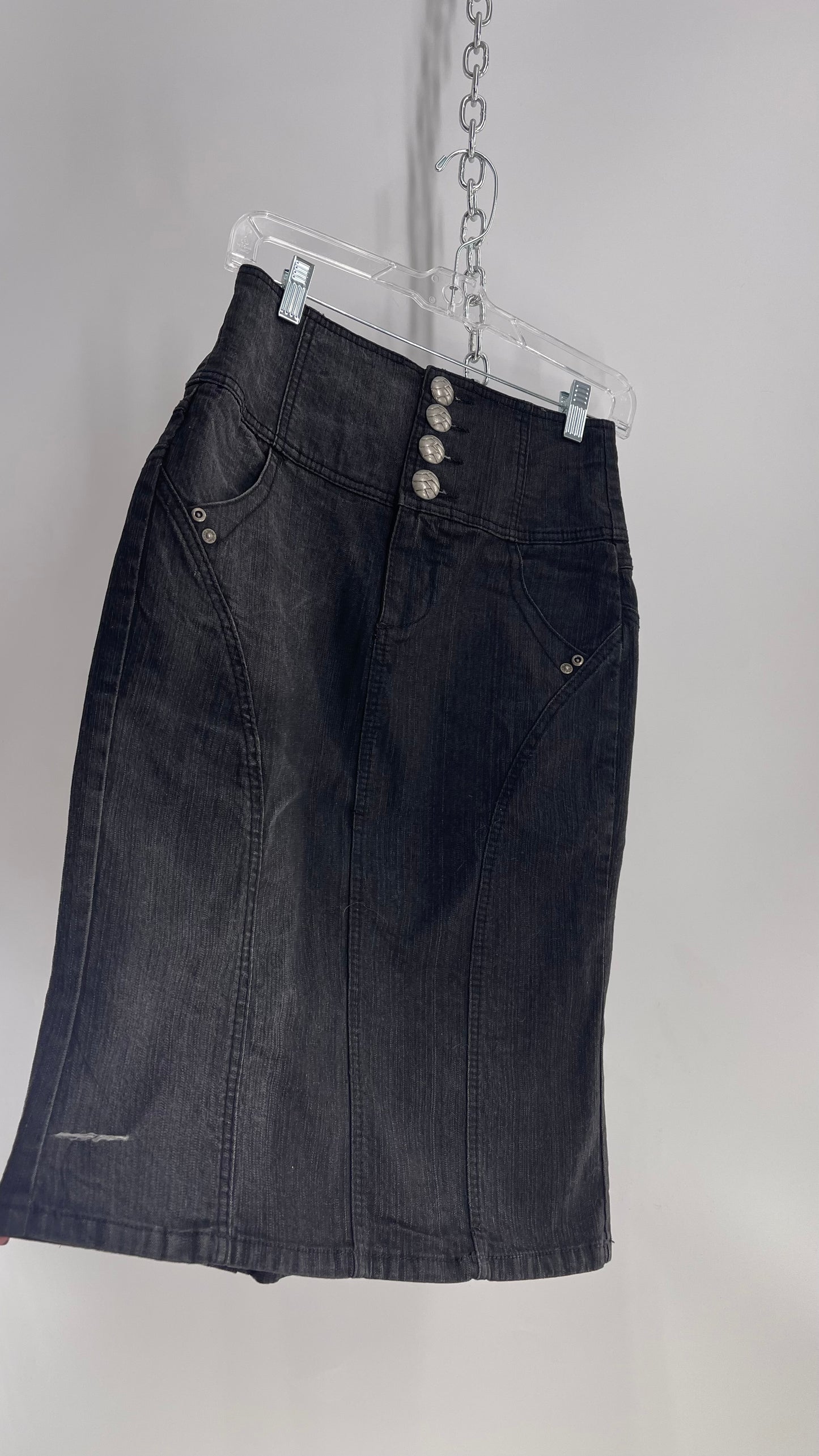 XOXO Dark Wash Denim Body Con Midi Skirt with Buttons, Embroidery, and Pleats (7/8)