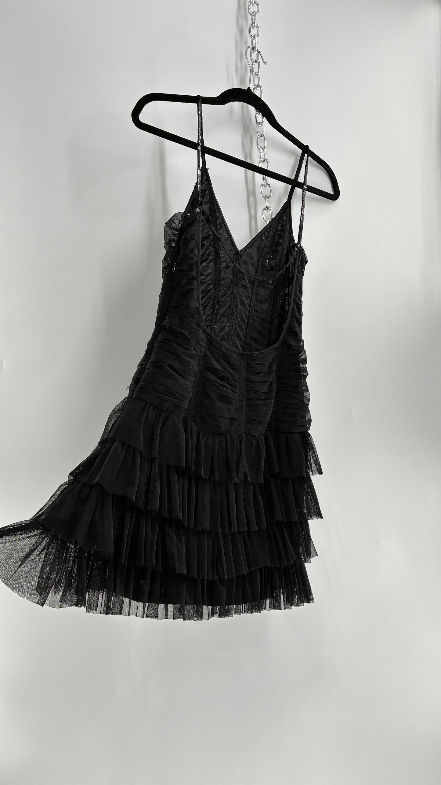 Vintage Black Ruffled Tulle Mini Dress with Low Open Back (8)