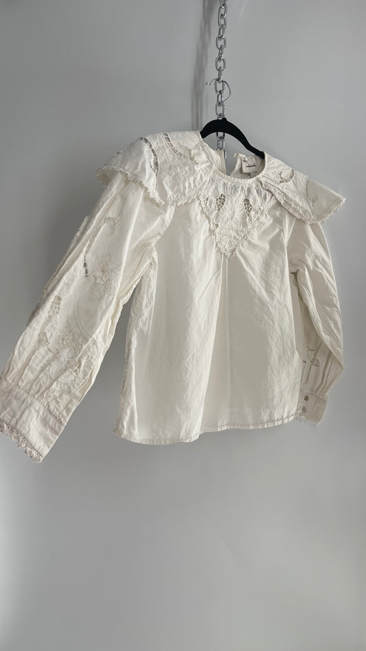 CLEOBELLA White Cotton Prairie Blouse with Lace Balloon Sleeves and Collar (Small)