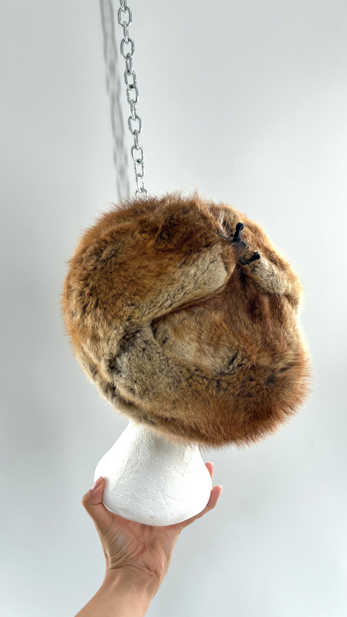 Vintage 1950s Genuine Fur Pill Box/Aviator Hat with Quilted Interior